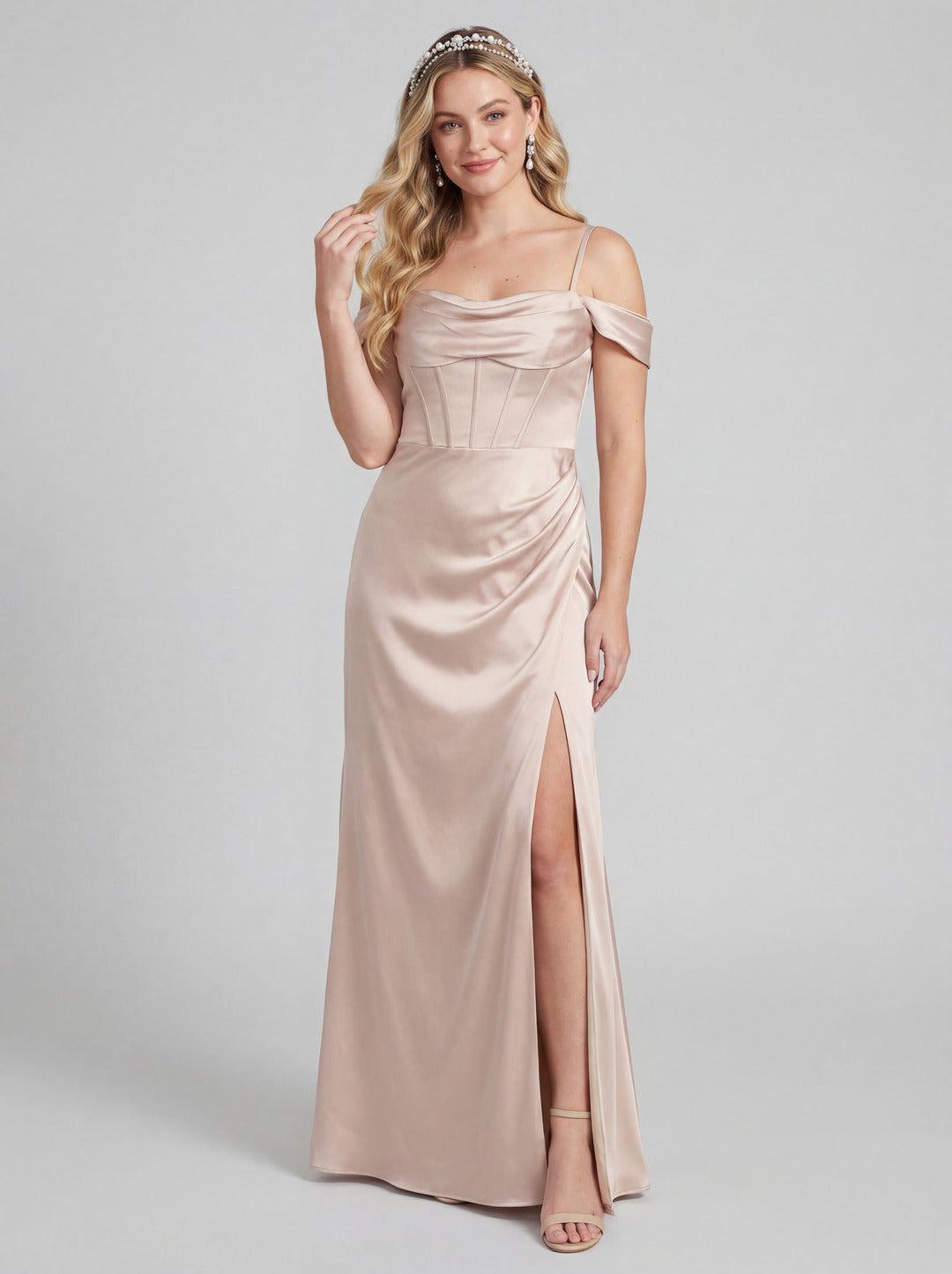 Coquette Champagne Satin Sheath Off-the-Shoulder Backless Ankle-Length Bridesmaid Dress