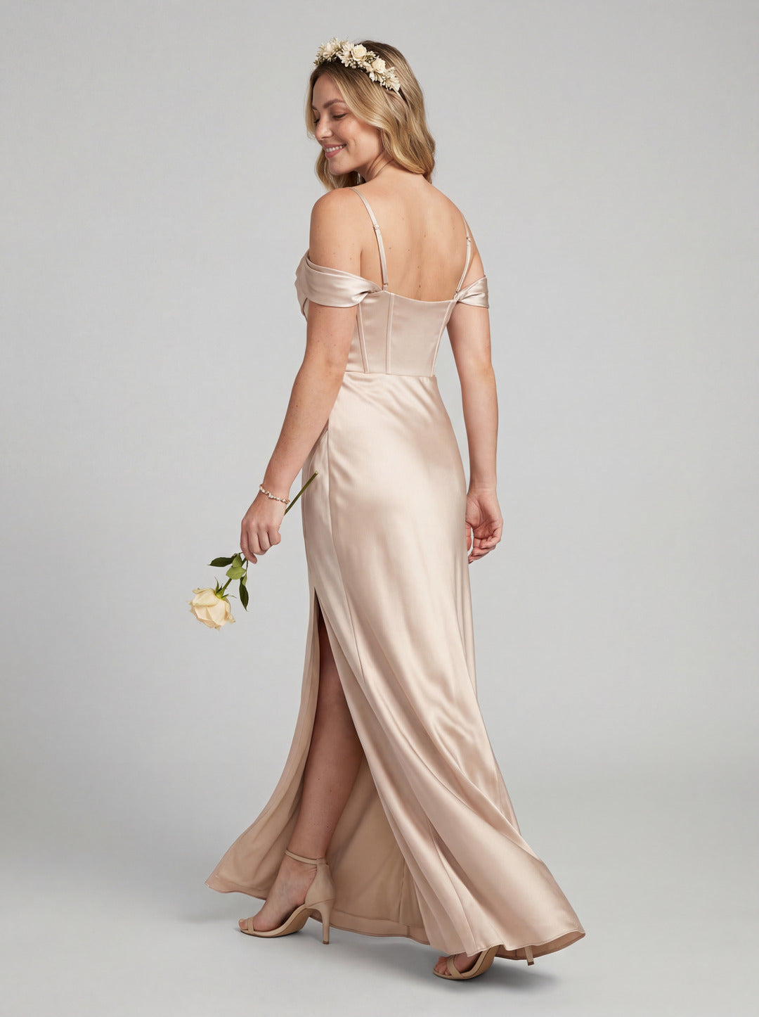Coquette Champagne Satin Sheath Off-the-Shoulder Backless Ankle-Length Bridesmaid Dress
