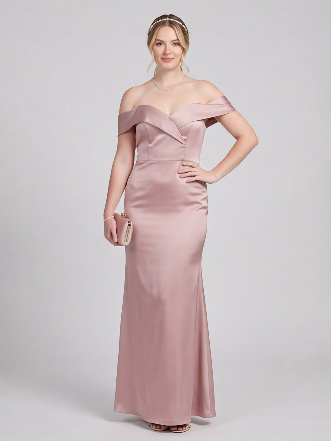Coquette Blushing Pink Satin Sheath Off-the-Shoulder Back Zip Ankle-Length Bridesmaid Dress
