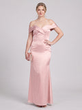 Coquette Blushing Pink Satin Sheath Off-the-Shoulder Back Zip Ankle-Length Bridesmaid Dress