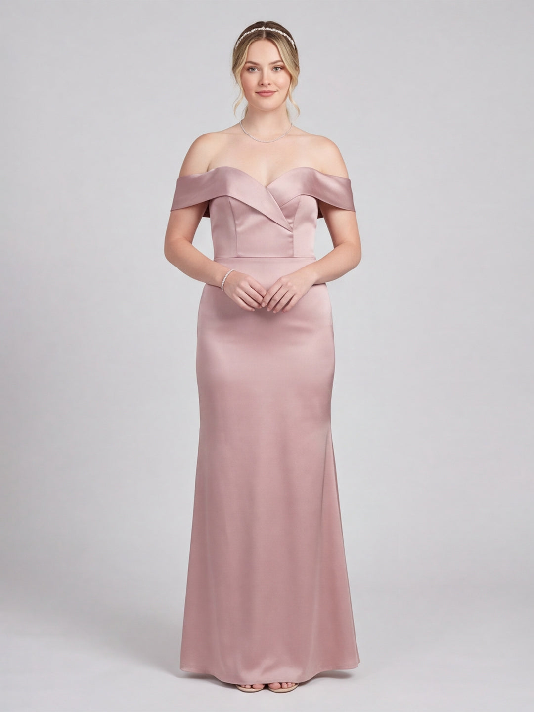Coquette Blushing Pink Satin Sheath Off-the-Shoulder Back Zip Ankle-Length Bridesmaid Dress