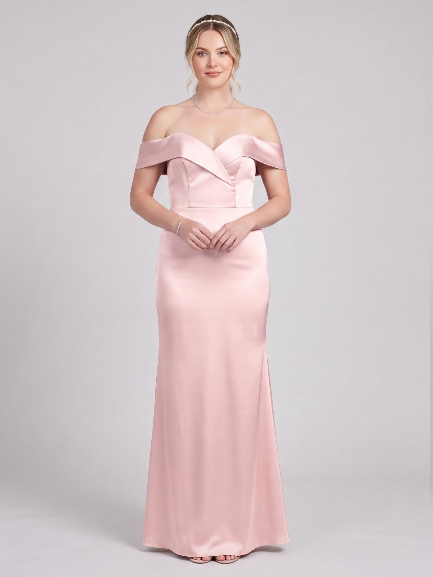 Coquette Blushing Pink Satin Sheath Off-the-Shoulder Back Zip Ankle-Length Bridesmaid Dress