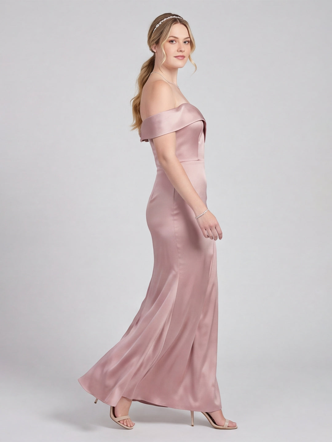Coquette Blushing Pink Satin Sheath Off-the-Shoulder Back Zip Ankle-Length Bridesmaid Dress