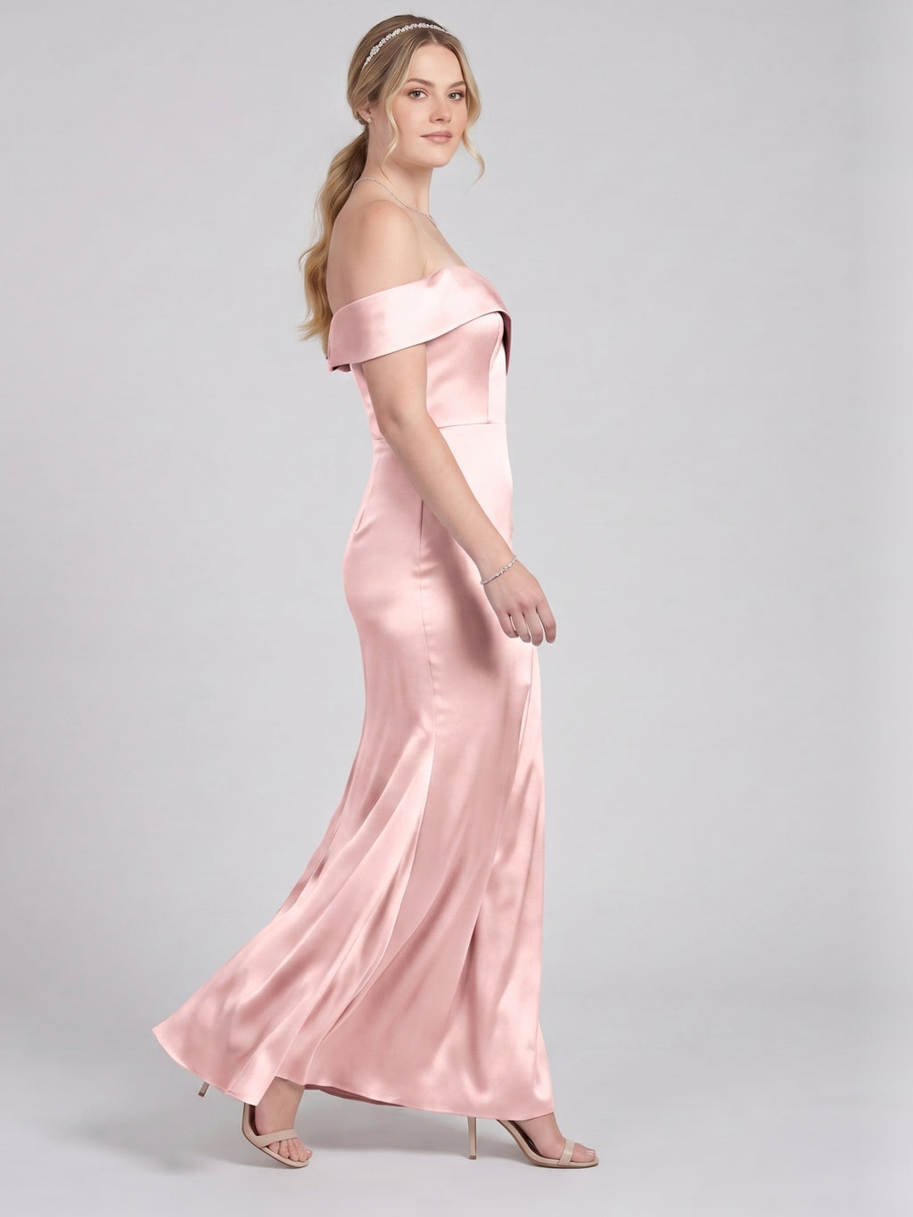 Coquette Blushing Pink Satin Sheath Off-the-Shoulder Back Zip Ankle-Length Bridesmaid Dress