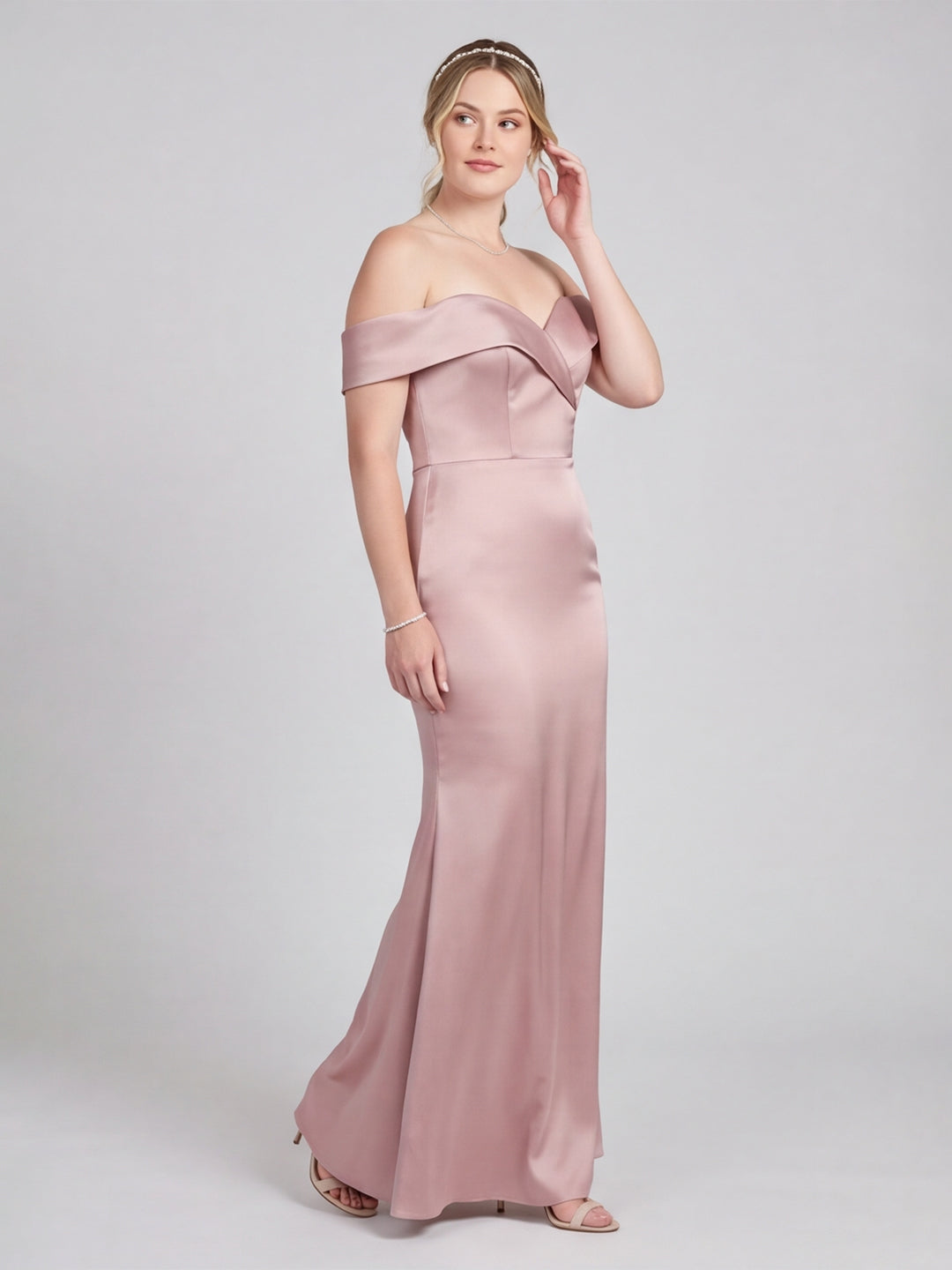 Coquette Blushing Pink Satin Sheath Off-the-Shoulder Back Zip Ankle-Length Bridesmaid Dress