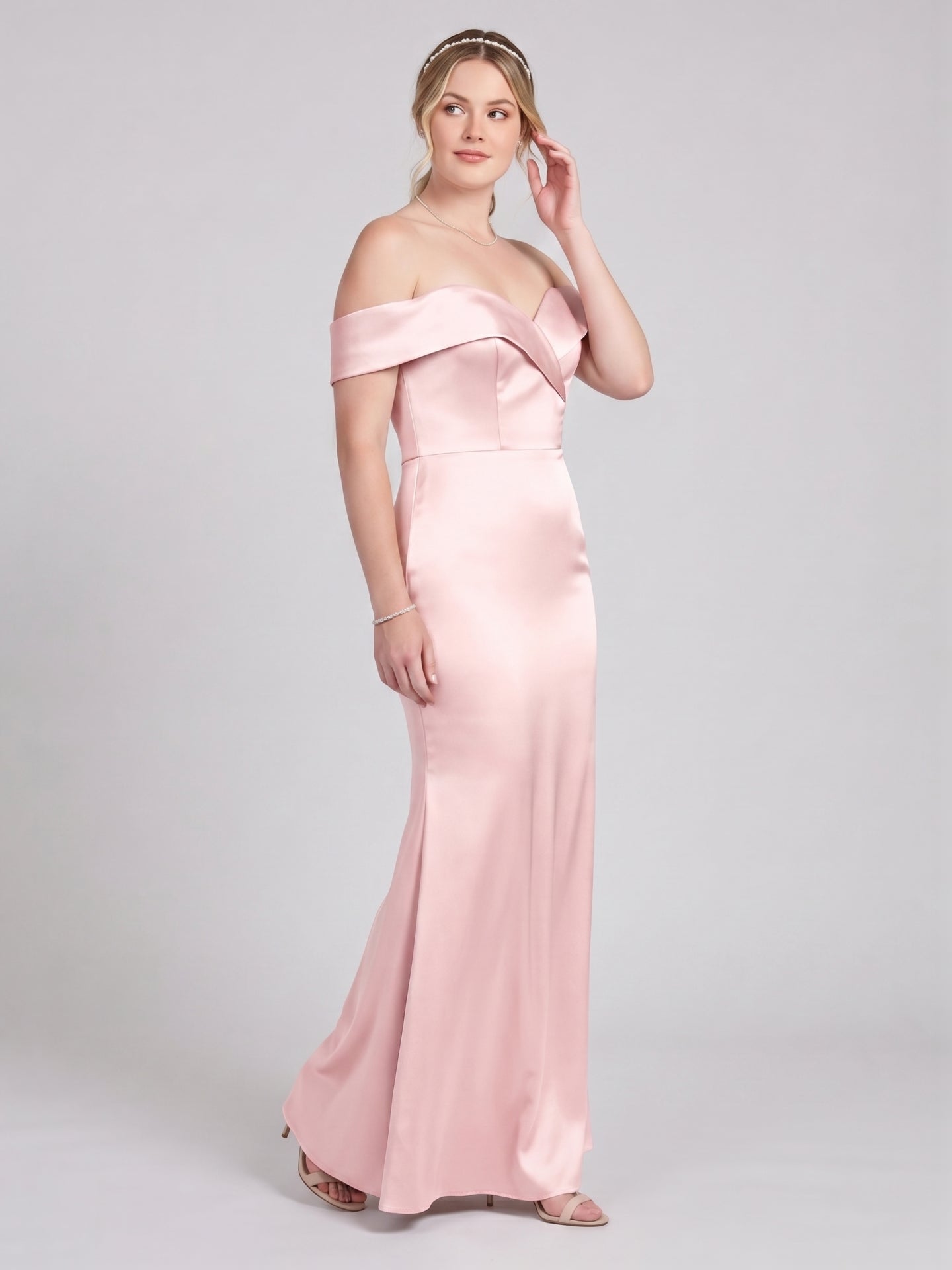 Coquette Blushing Pink Satin Sheath Off-the-Shoulder Back Zip Ankle-Length Bridesmaid Dress