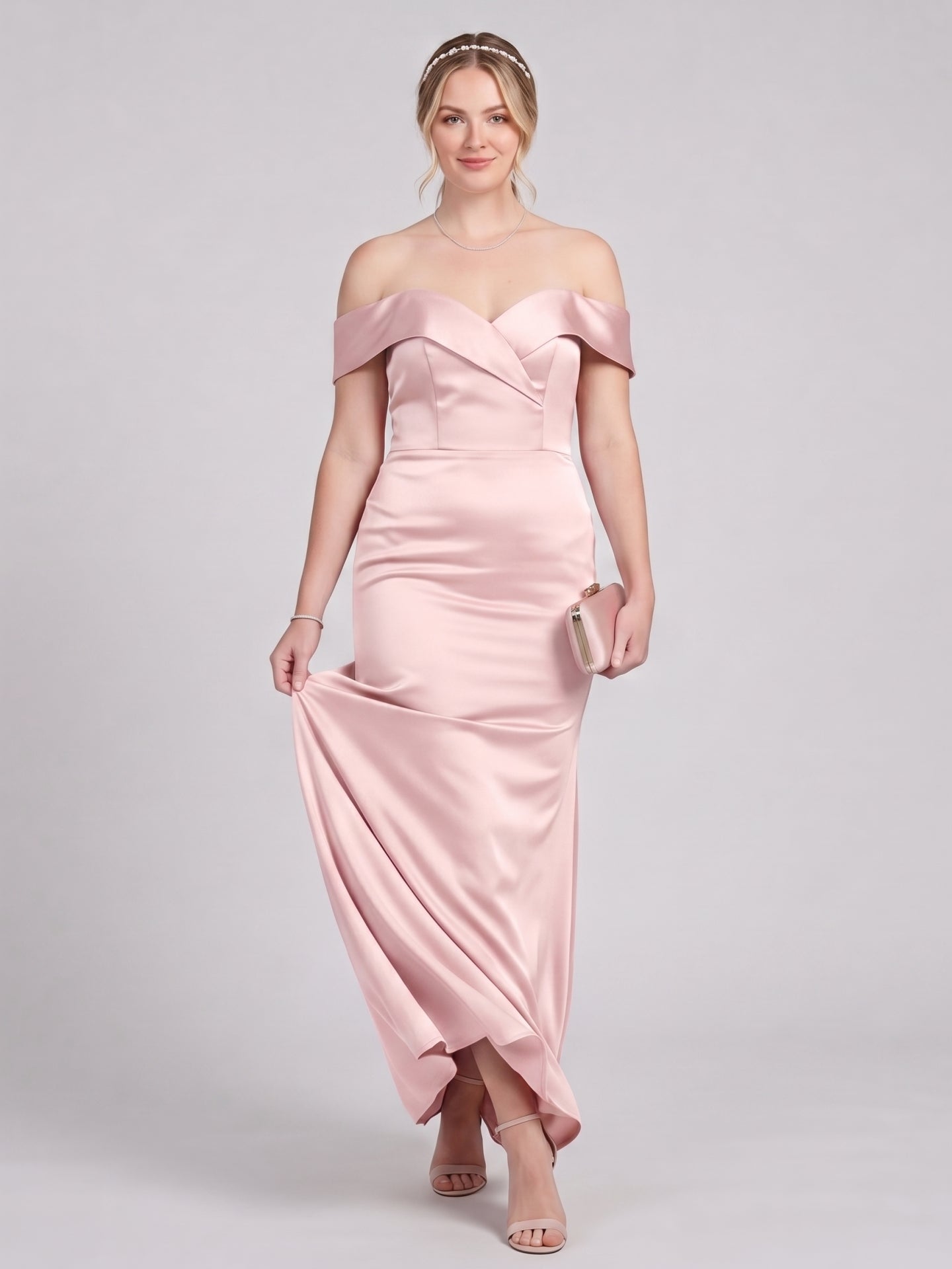 Coquette Blushing Pink Satin Sheath Off-the-Shoulder Back Zip Ankle-Length Bridesmaid Dress