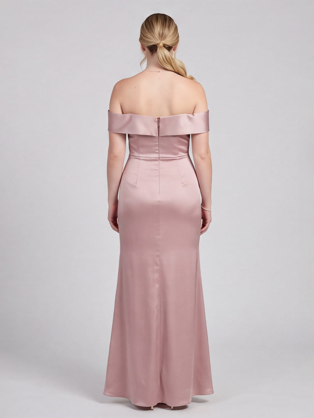 Coquette Blushing Pink Satin Sheath Off-the-Shoulder Back Zip Ankle-Length Bridesmaid Dress