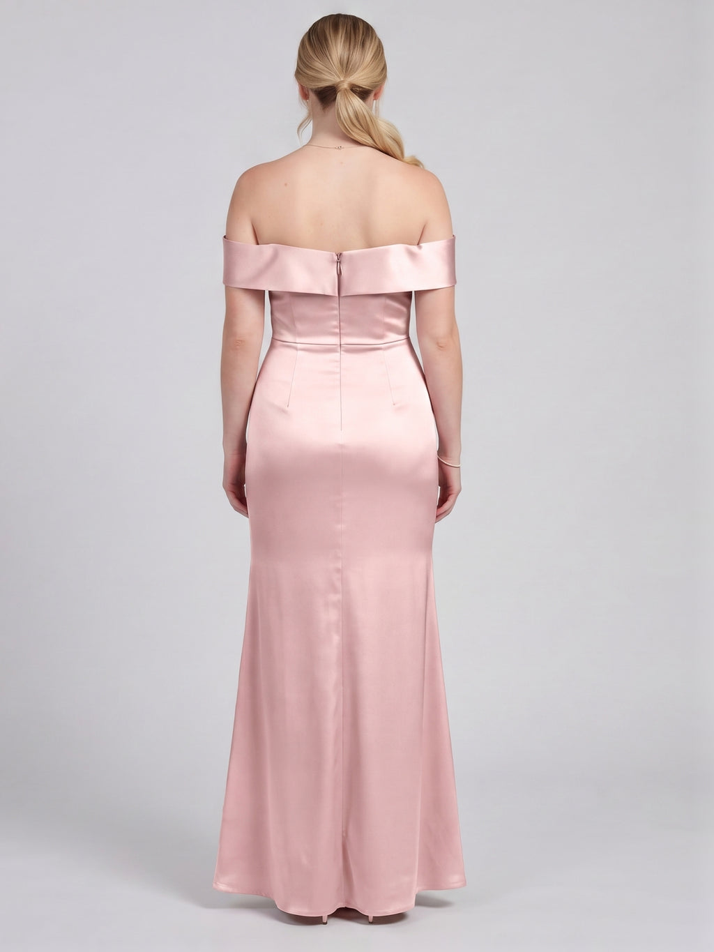Coquette Blushing Pink Satin Sheath Off-the-Shoulder Back Zip Ankle-Length Bridesmaid Dress