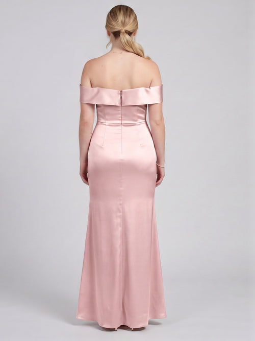 Coquette Blushing Pink Satin Sheath Off-the-Shoulder Back Zip Ankle-Length Bridesmaid Dress