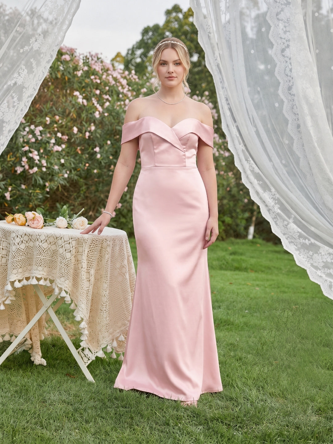 Coquette Blushing Pink Satin Sheath Off-the-Shoulder Back Zip Ankle-Length Bridesmaid Dress