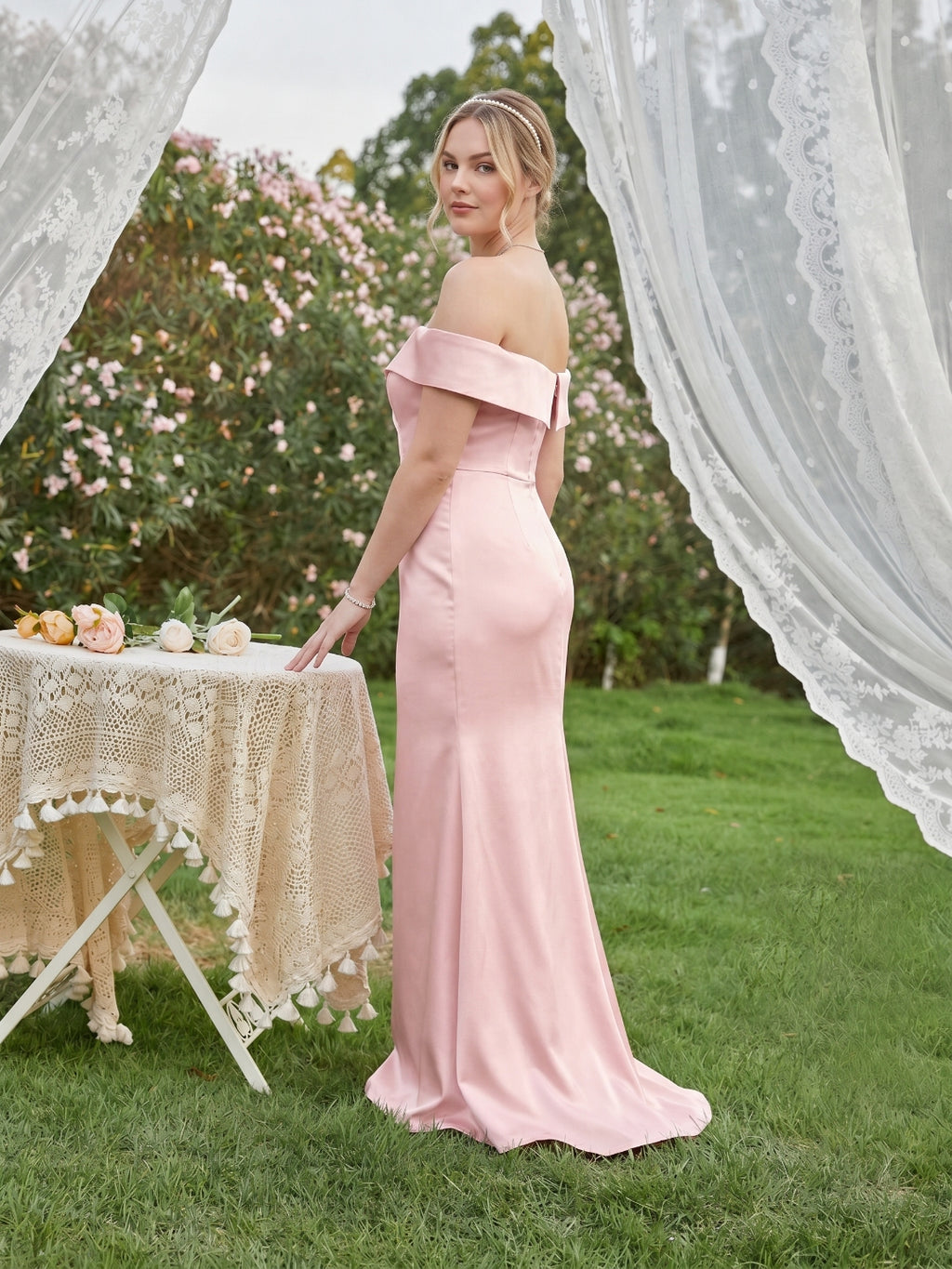 Coquette Blushing Pink Satin Sheath Off-the-Shoulder Back Zip Ankle-Length Bridesmaid Dress