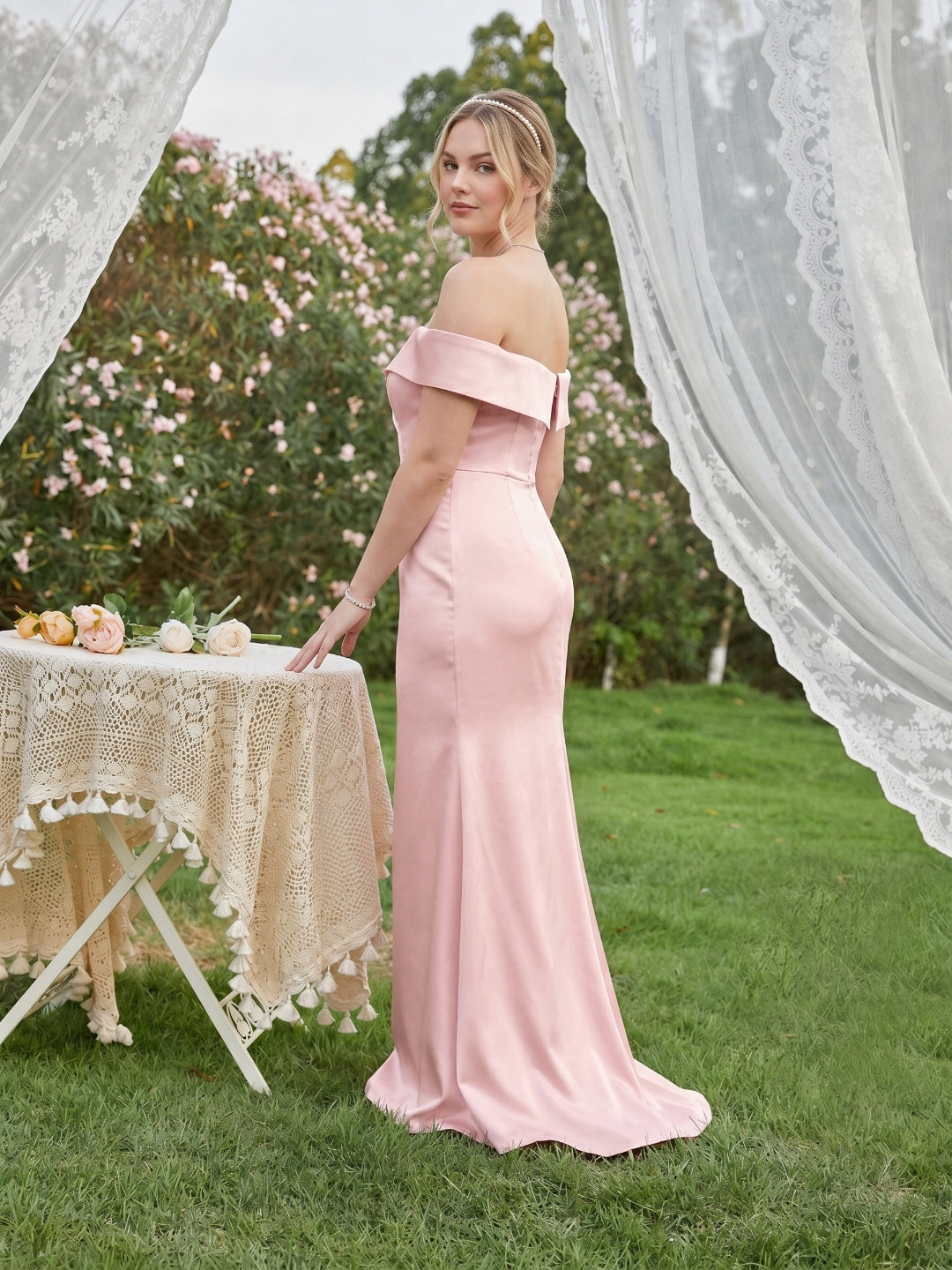 Coquette Blushing Pink Satin Sheath Off-the-Shoulder Back Zip Ankle-Length Bridesmaid Dress