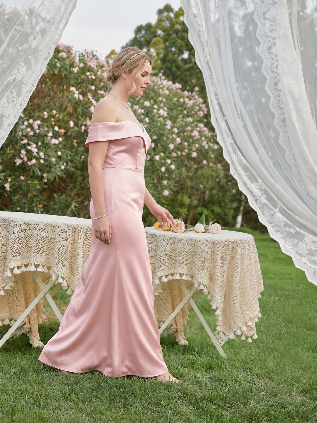Coquette Blushing Pink Satin Sheath Off-the-Shoulder Back Zip Ankle-Length Bridesmaid Dress