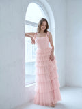 Coquette Blushing Pink Satin satin A-Line Square Neck Back Zip Cascading Bridesmaid Dress