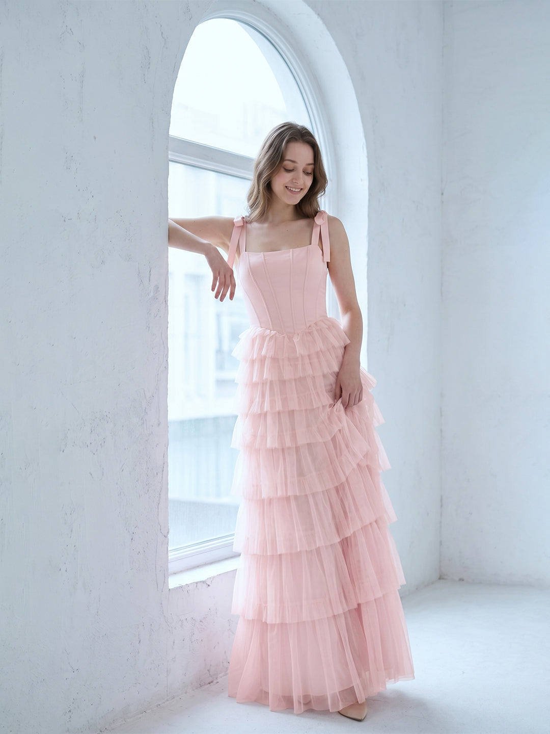 Coquette Blushing Pink Satin satin A-Line Square Neck Back Zip Cascading Bridesmaid Dress