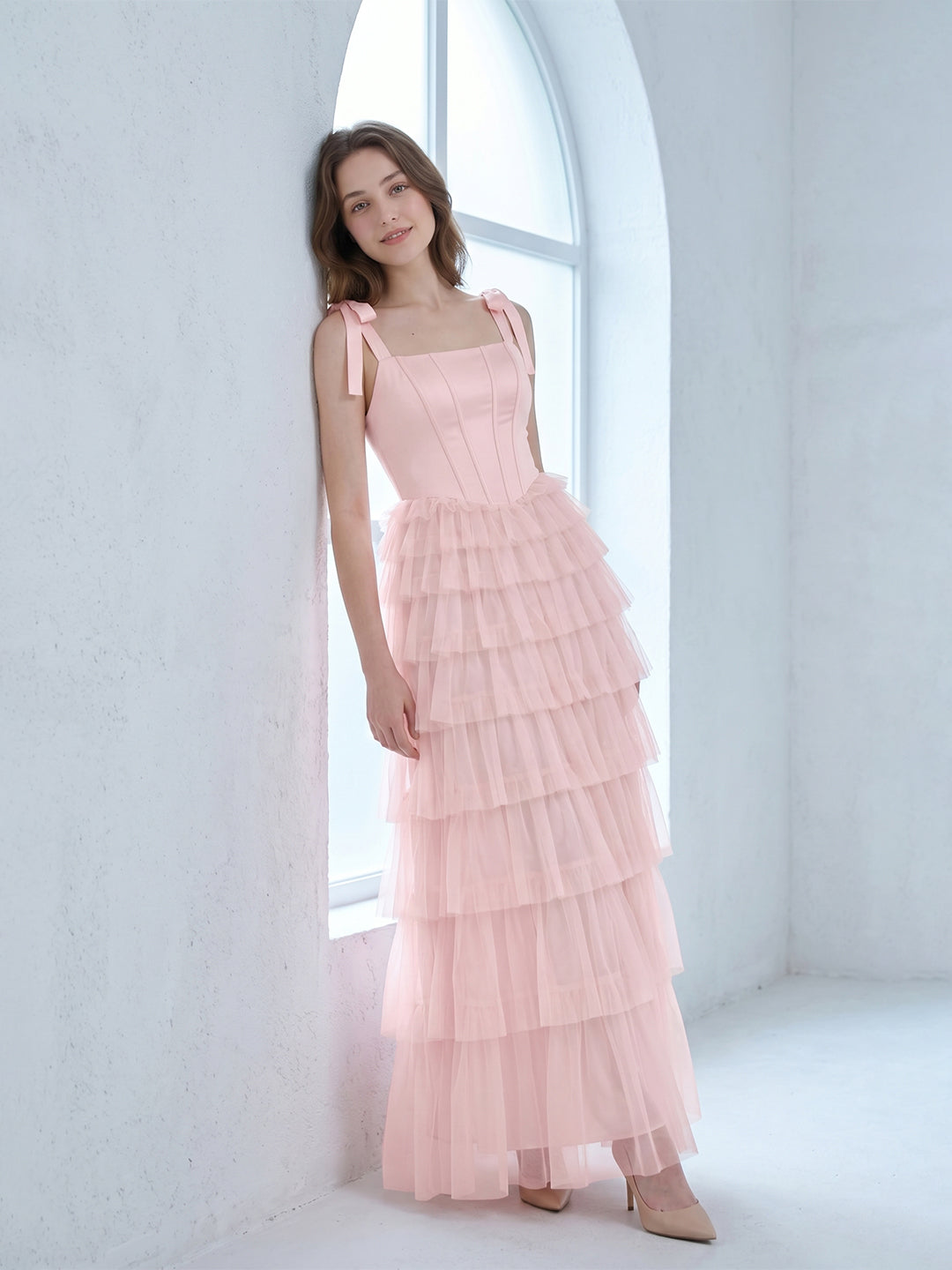 Coquette Blushing Pink Satin satin A-Line Square Neck Back Zip Cascading Bridesmaid Dress