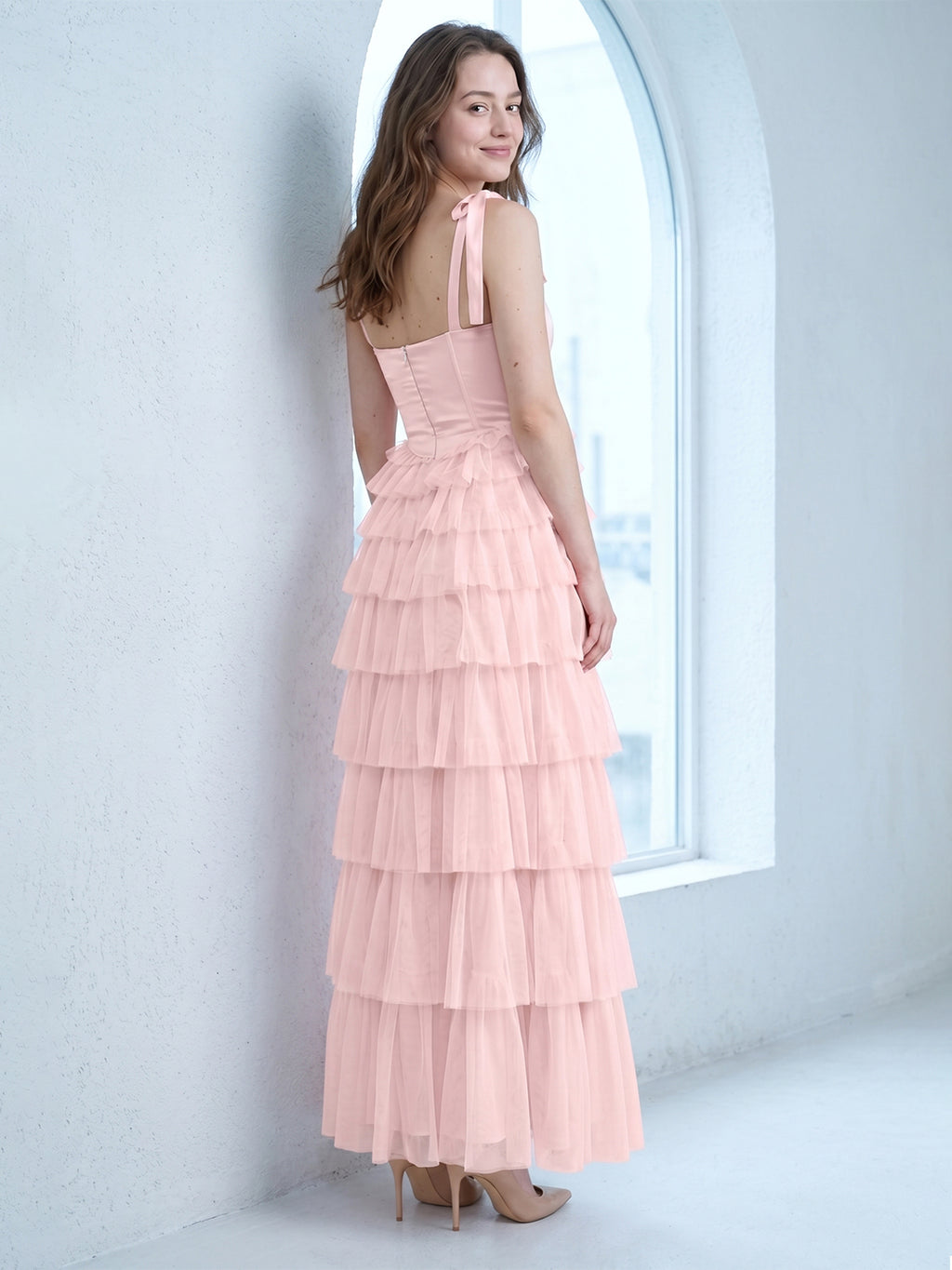 Coquette Blushing Pink Satin satin A-Line Square Neck Back Zip Cascading Bridesmaid Dress