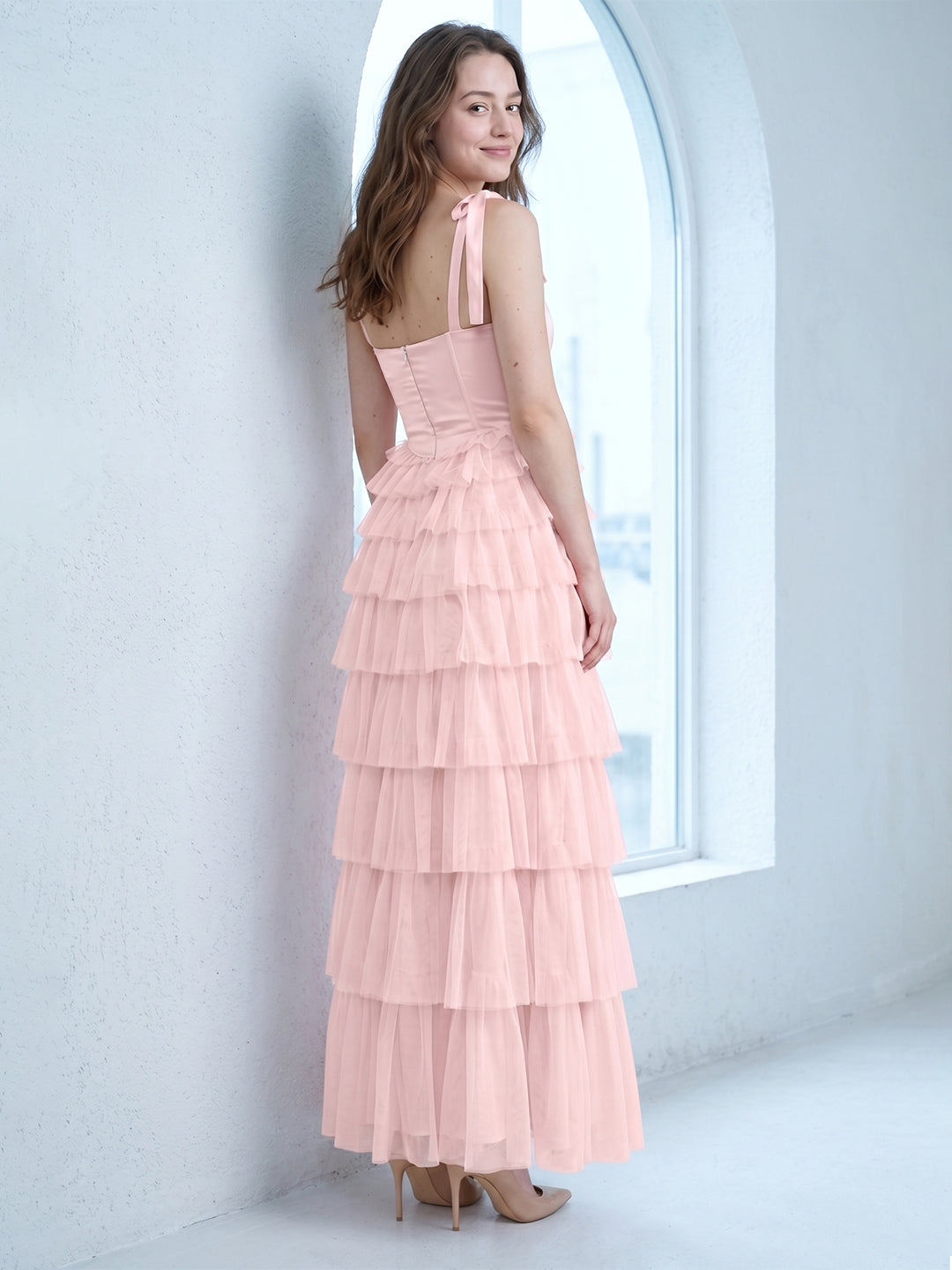 Coquette Blushing Pink Satin satin A-Line Square Neck Back Zip Cascading Bridesmaid Dress