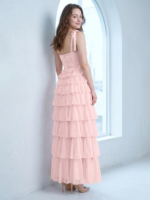 Coquette Blushing Pink Satin satin A-Line Square Neck Back Zip Cascading Bridesmaid Dress