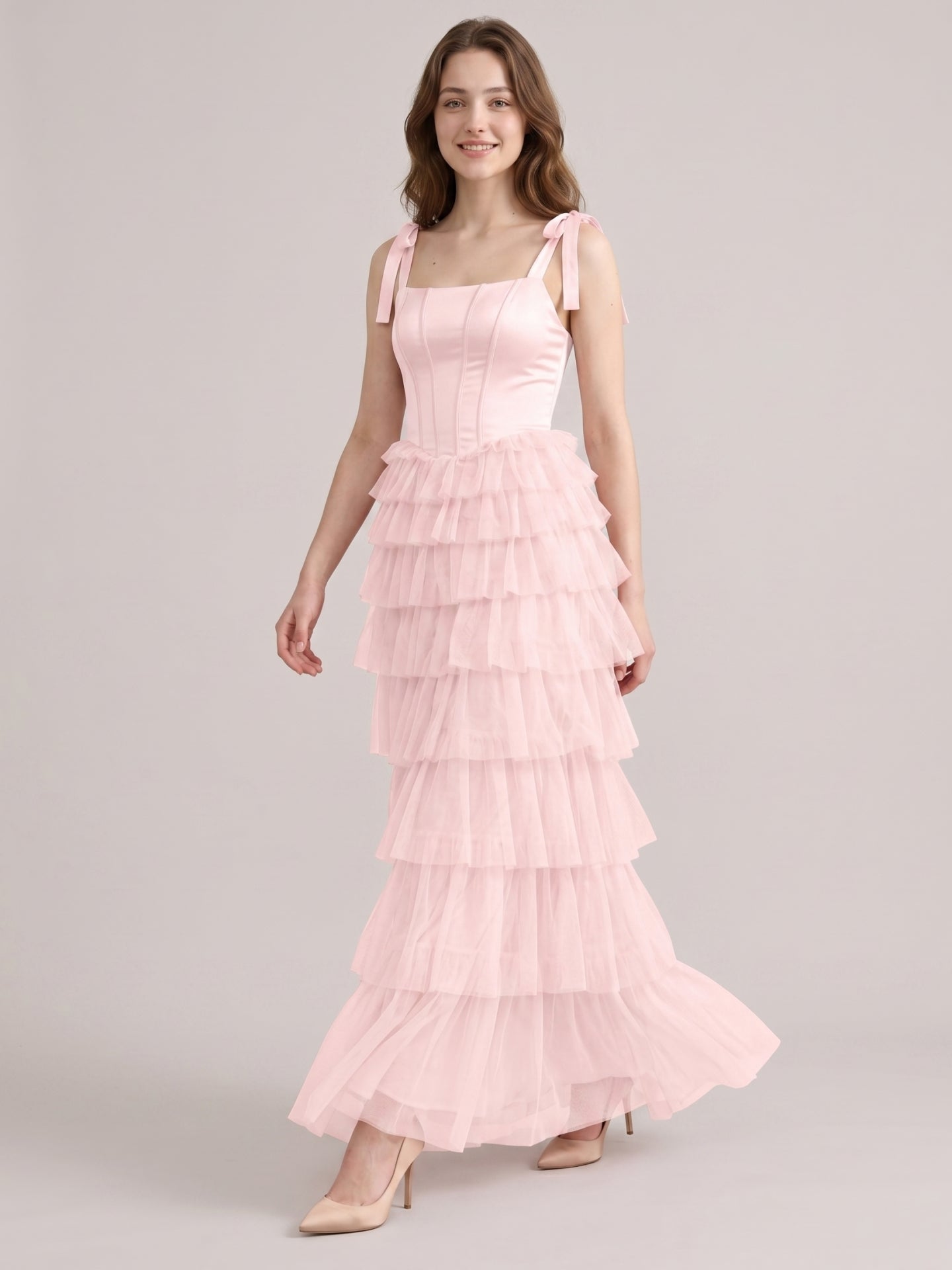 Coquette Blushing Pink Satin satin A-Line Square Neck Back Zip Cascading Bridesmaid Dress