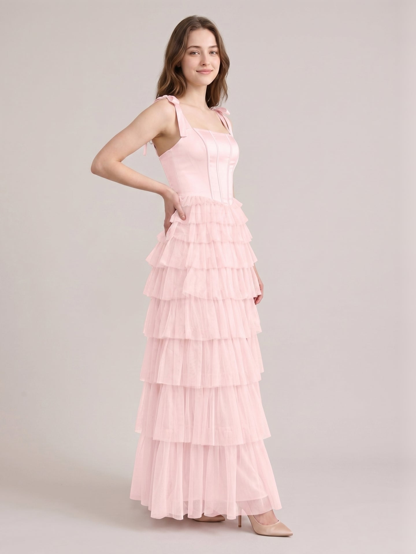 Coquette Blushing Pink Satin satin A-Line Square Neck Back Zip Cascading Bridesmaid Dress