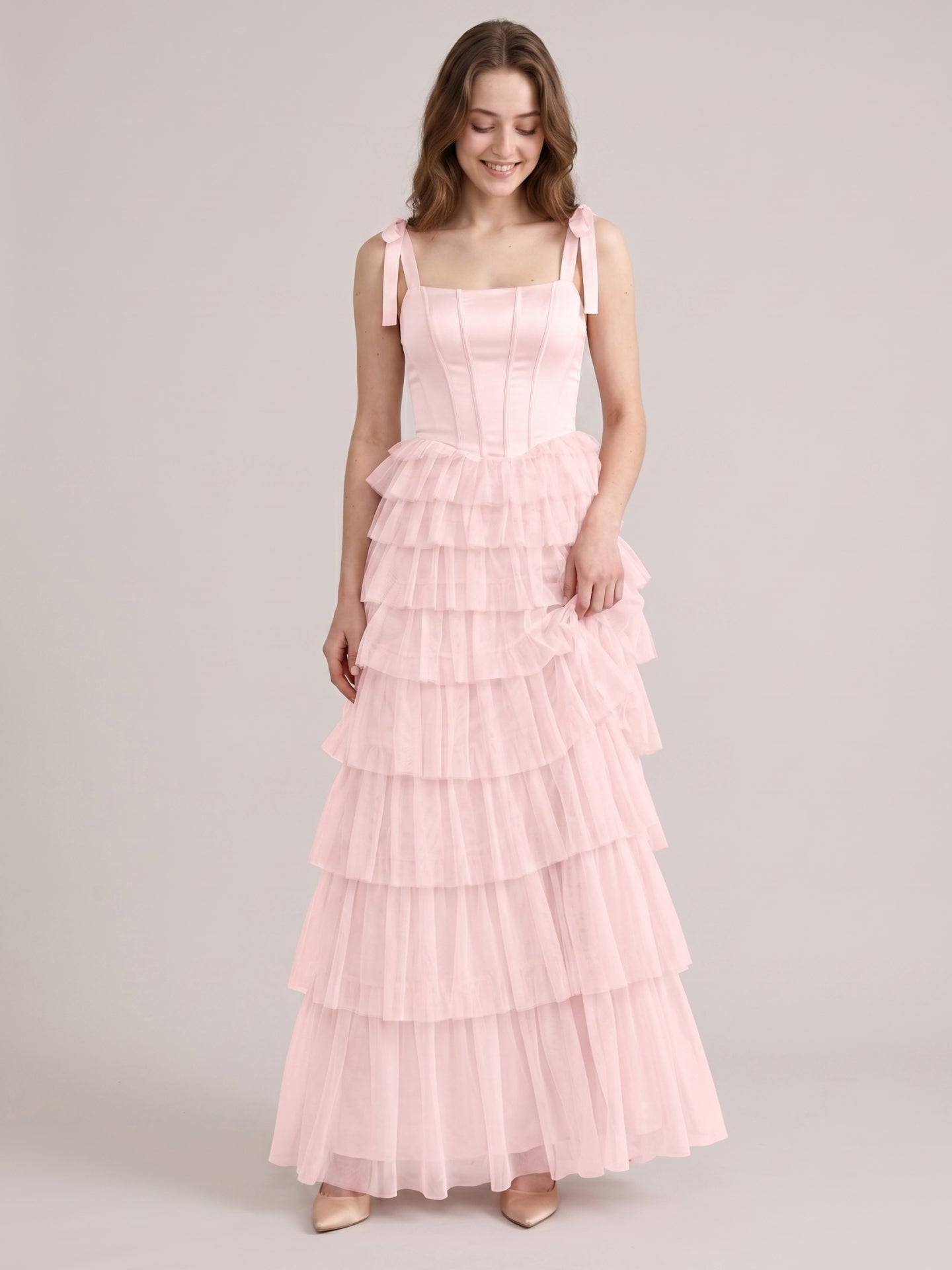 Coquette Blushing Pink Satin satin A-Line Square Neck Back Zip Cascading Bridesmaid Dress