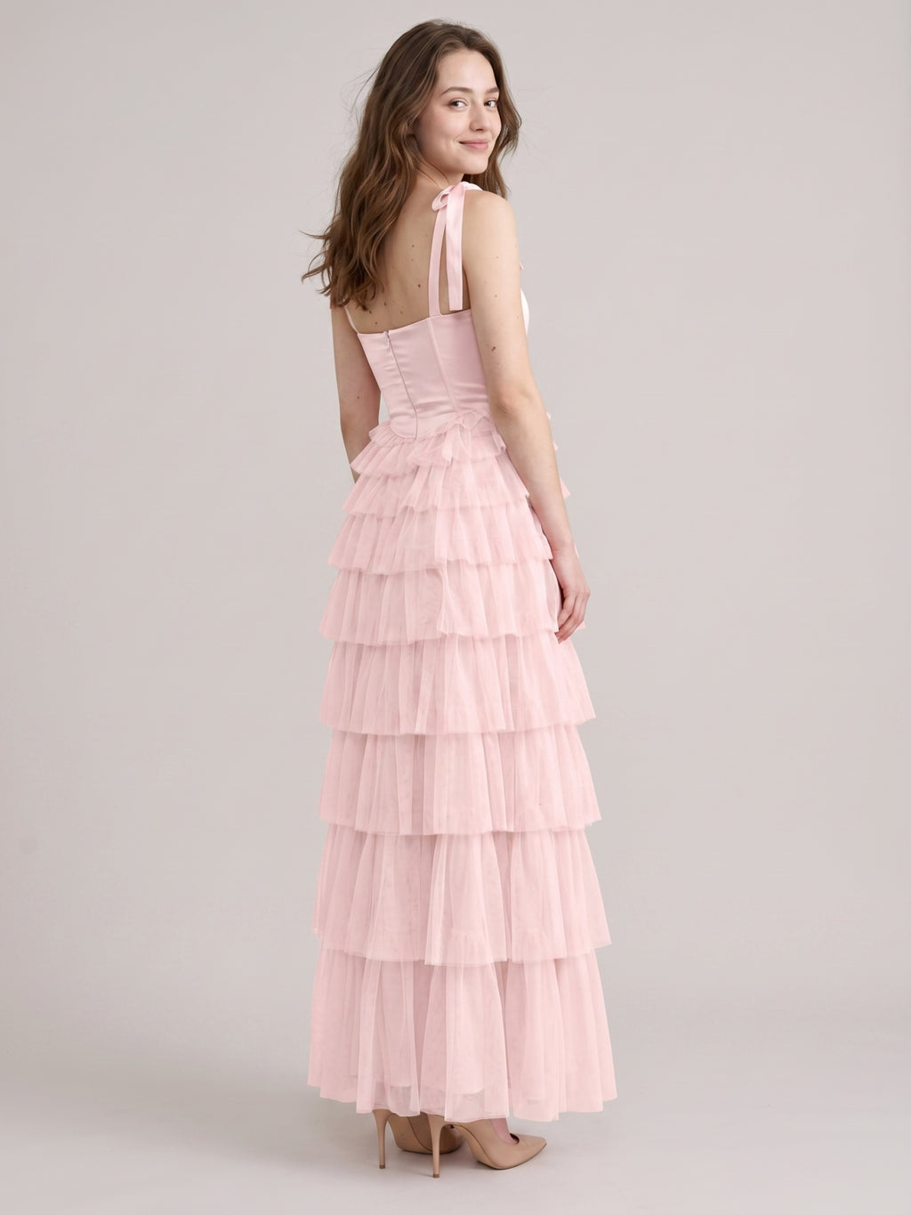 Coquette Blushing Pink Satin satin A-Line Square Neck Back Zip Cascading Bridesmaid Dress