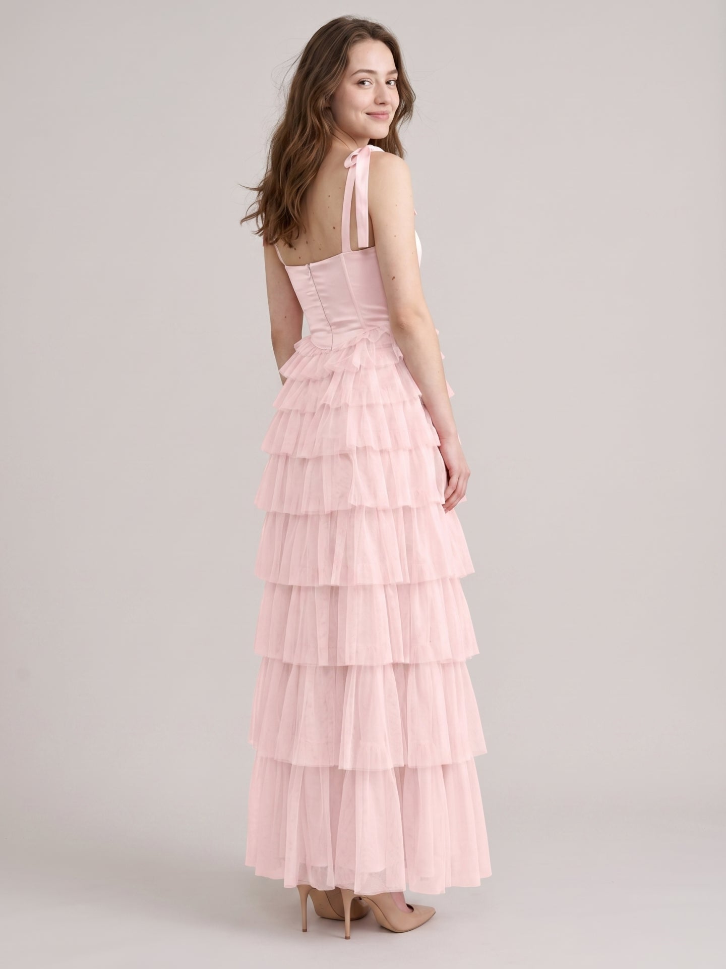 Coquette Blushing Pink Satin satin A-Line Square Neck Back Zip Cascading Bridesmaid Dress