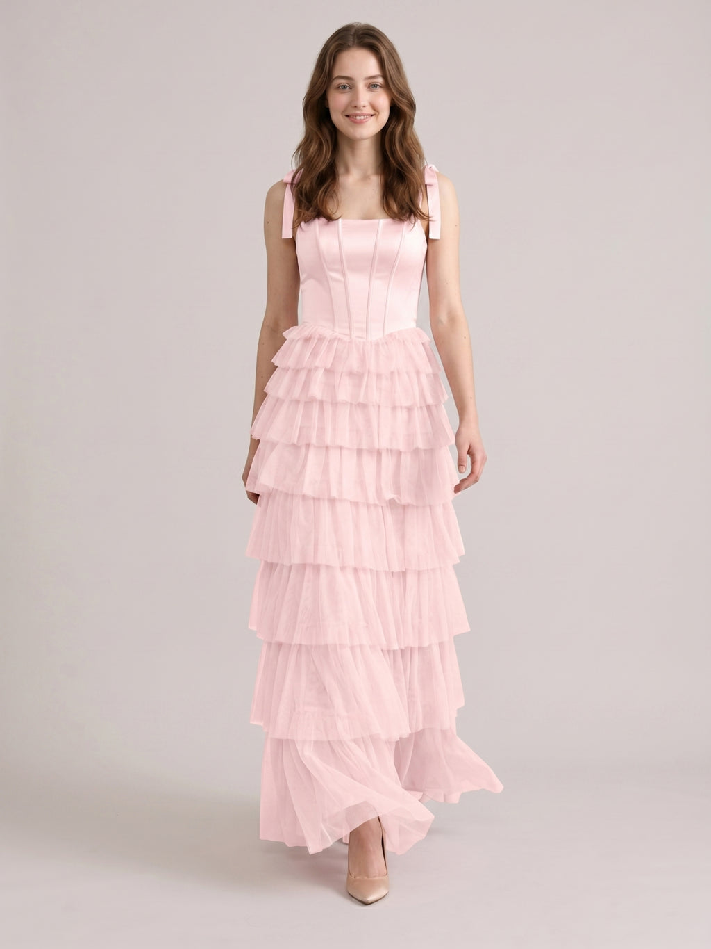 Coquette Blushing Pink Satin satin A-Line Square Neck Back Zip Cascading Bridesmaid Dress