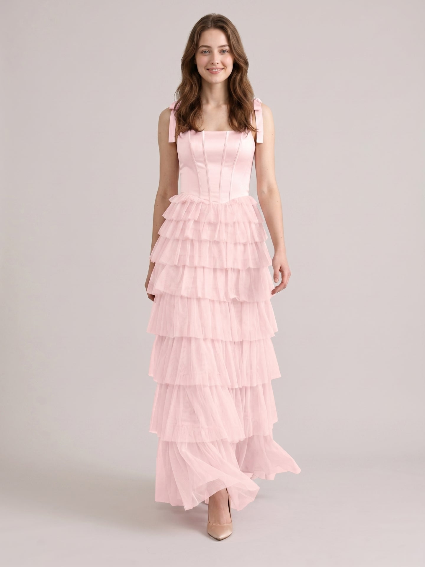 Coquette Blushing Pink Satin satin A-Line Square Neck Back Zip Cascading Bridesmaid Dress