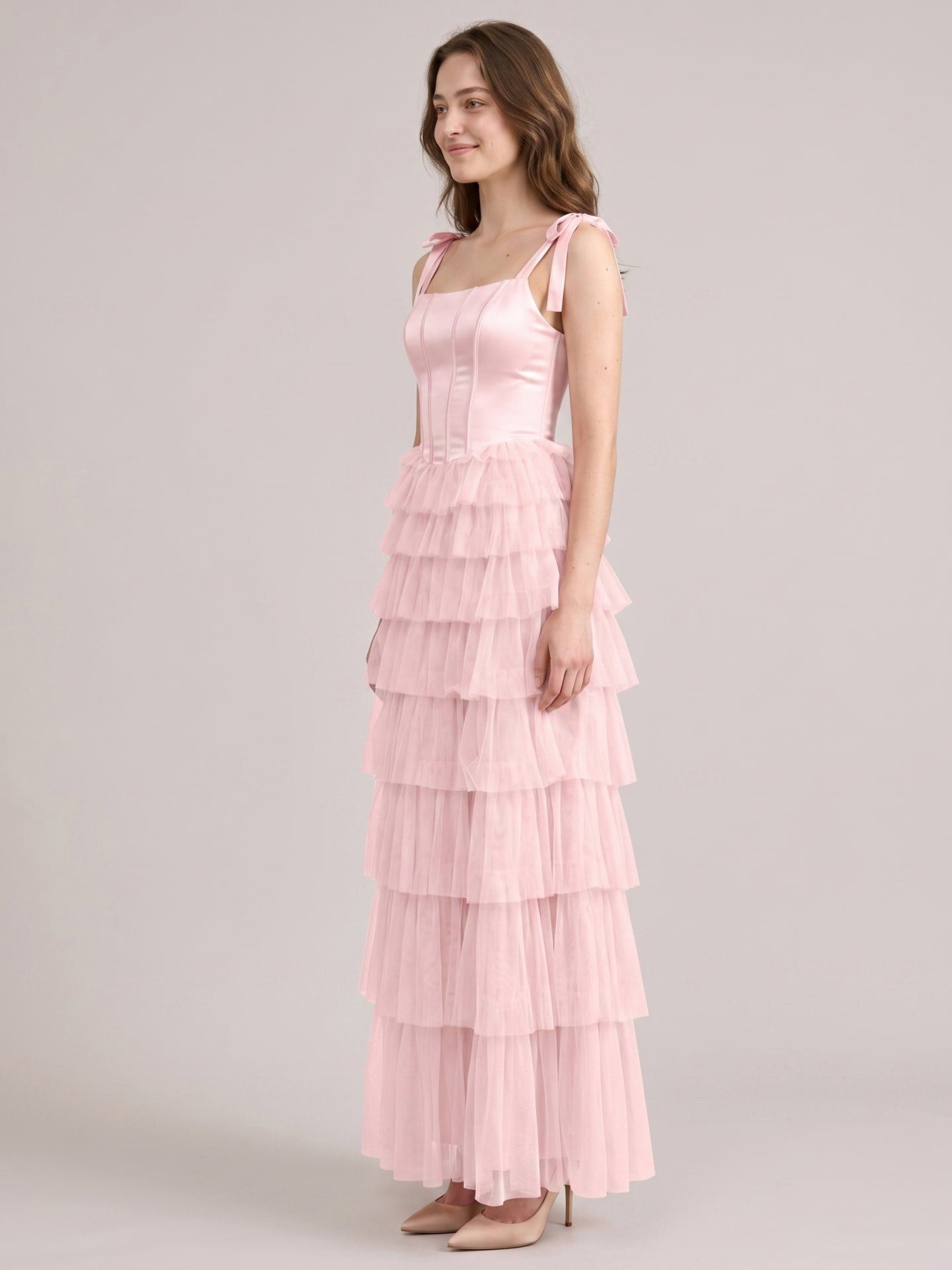 Coquette Blushing Pink Satin satin A-Line Square Neck Back Zip Cascading Bridesmaid Dress