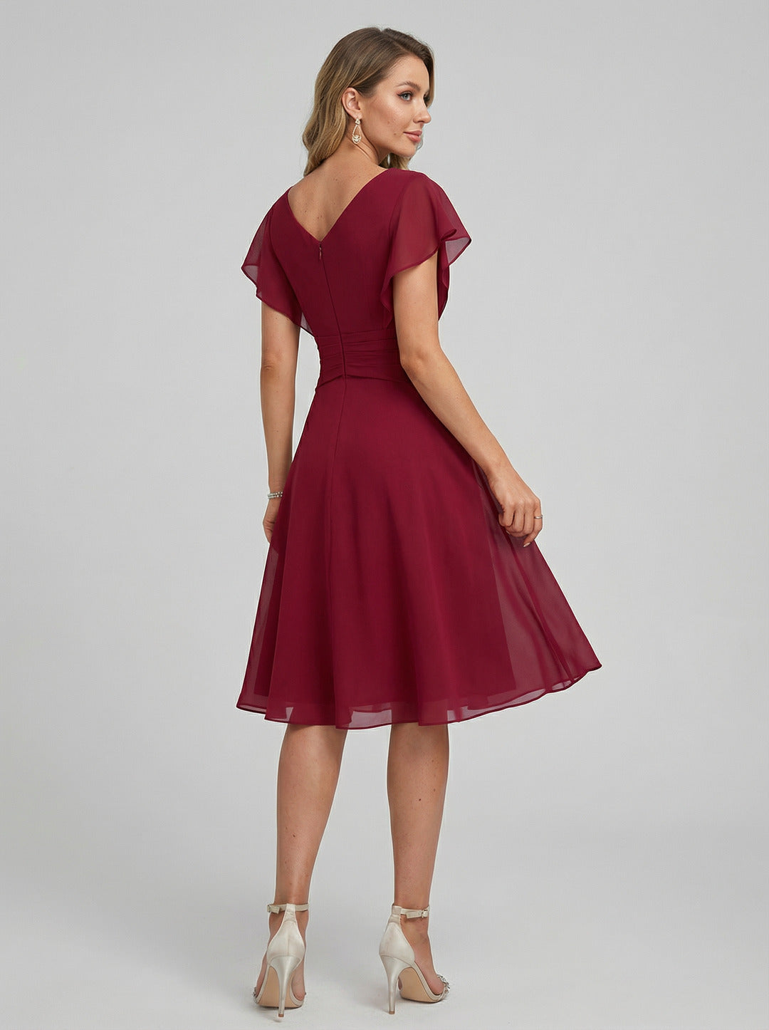 Coquette Burgundy Chiffon A-Line V-Neck Back Zip with nan Knee-Length Bridesmaid Dress