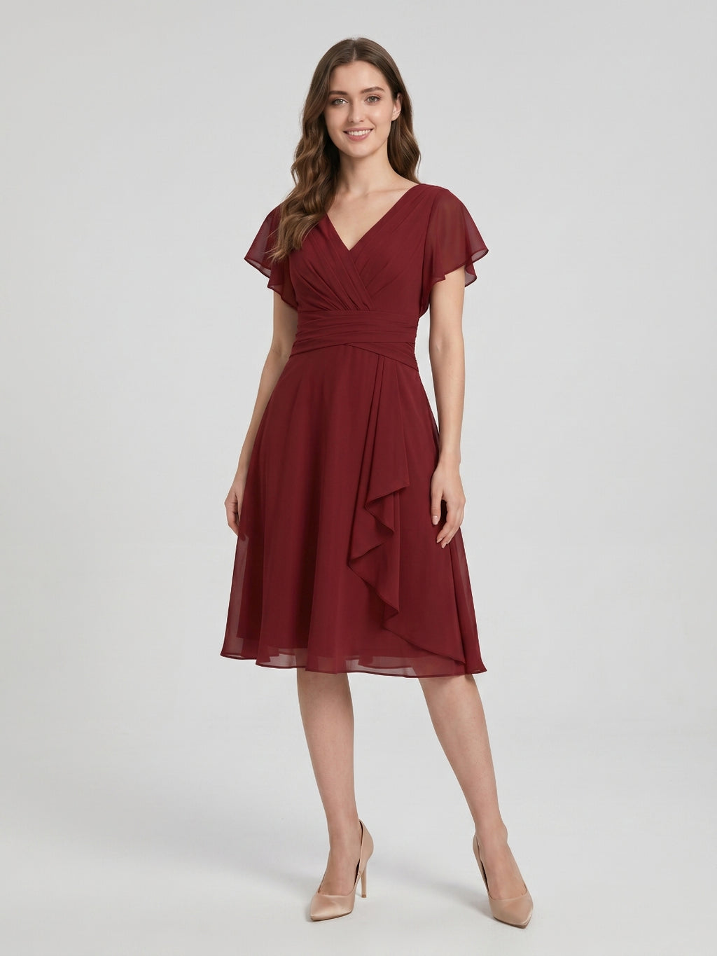 Coquette Burgundy Chiffon A-Line V-Neck Back Zip with nan Knee-Length Bridesmaid Dress