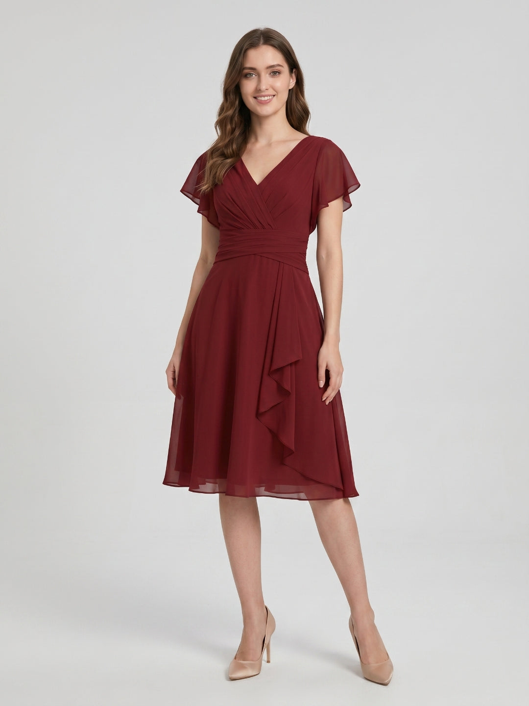 Coquette Burgundy Chiffon A-Line V-Neck Back Zip with nan Knee-Length Bridesmaid Dress