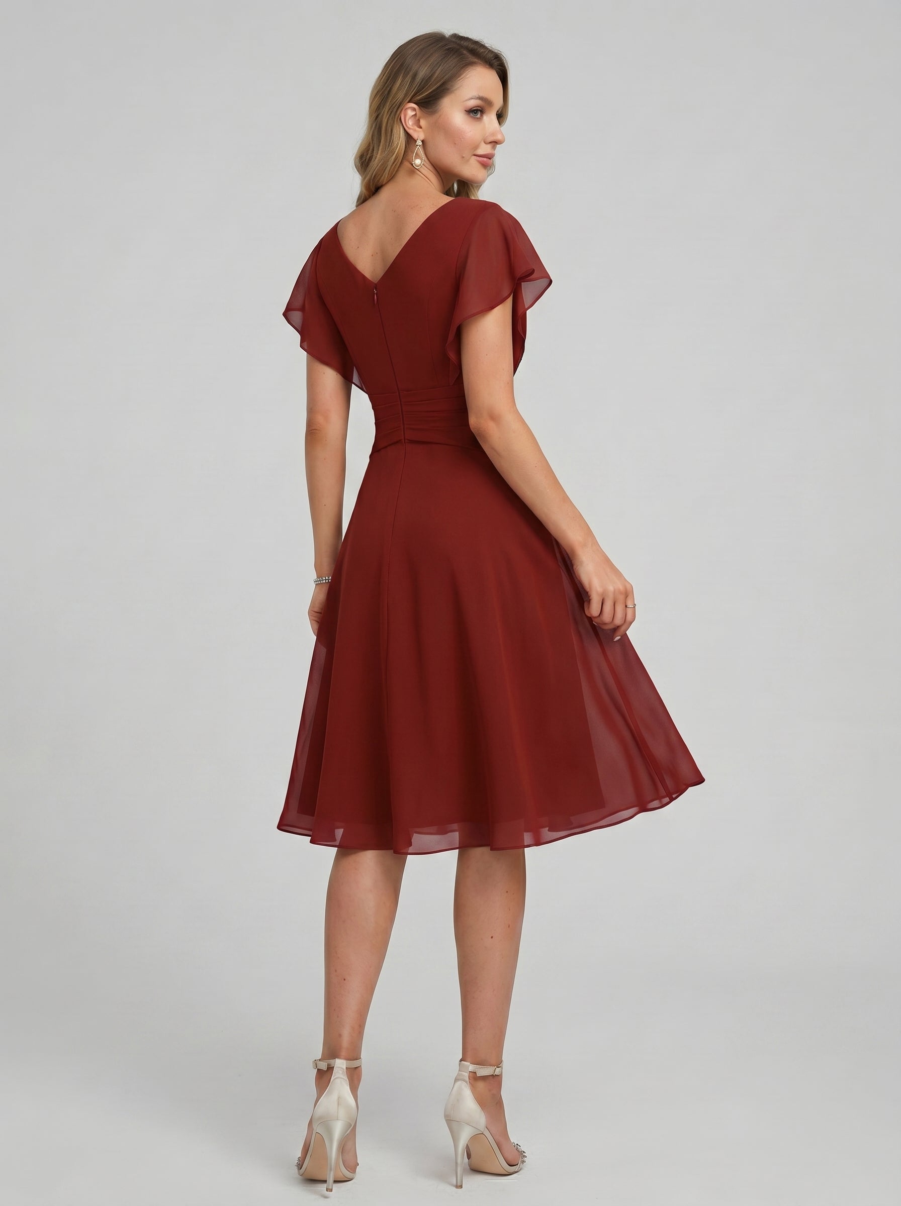 Coquette Burgundy Chiffon A-Line V-Neck Back Zip with nan Knee-Length Bridesmaid Dress