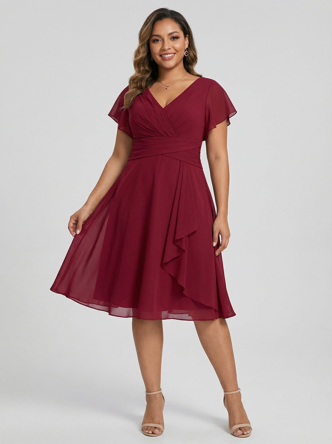Coquette Burgundy Chiffon A-Line V-Neck Back Zip with nan Knee-Length Bridesmaid Dress
