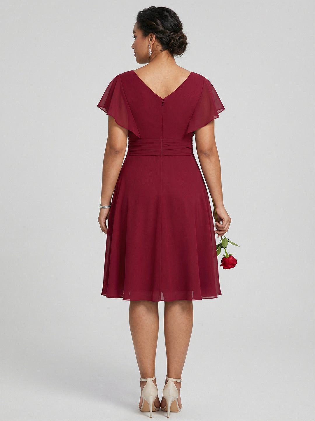 Coquette Burgundy Chiffon A-Line V-Neck Back Zip with nan Knee-Length Bridesmaid Dress