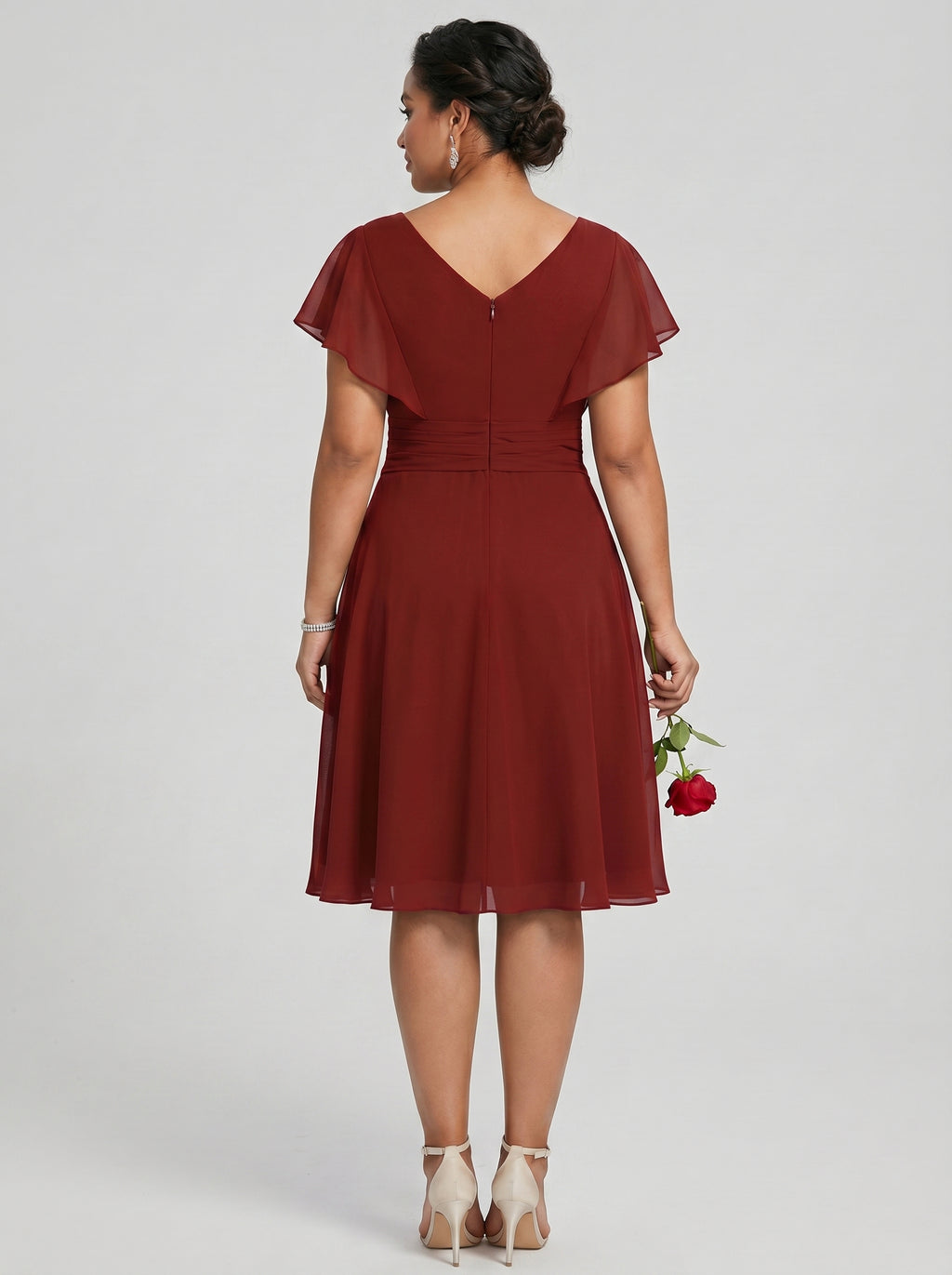 Coquette Burgundy Chiffon A-Line V-Neck Back Zip with nan Knee-Length Bridesmaid Dress