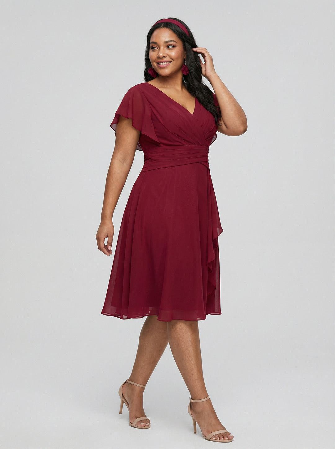 Coquette Burgundy Chiffon A-Line V-Neck Back Zip with nan Knee-Length Bridesmaid Dress