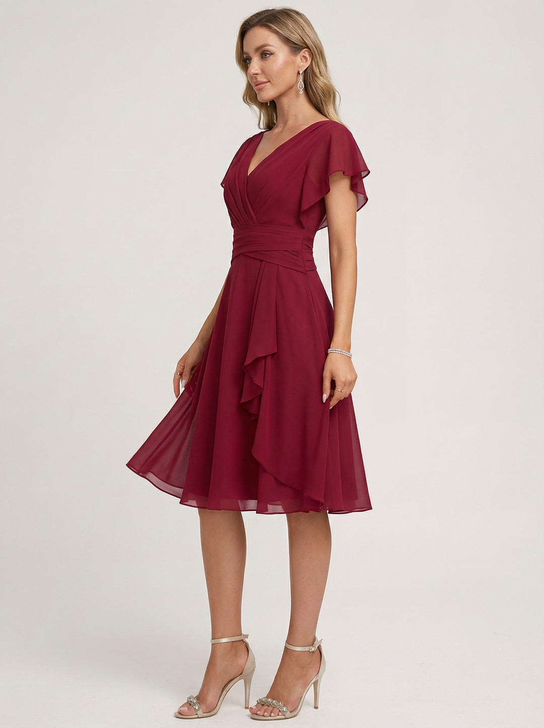 Coquette Burgundy Chiffon A-Line V-Neck Back Zip with nan Knee-Length Bridesmaid Dress