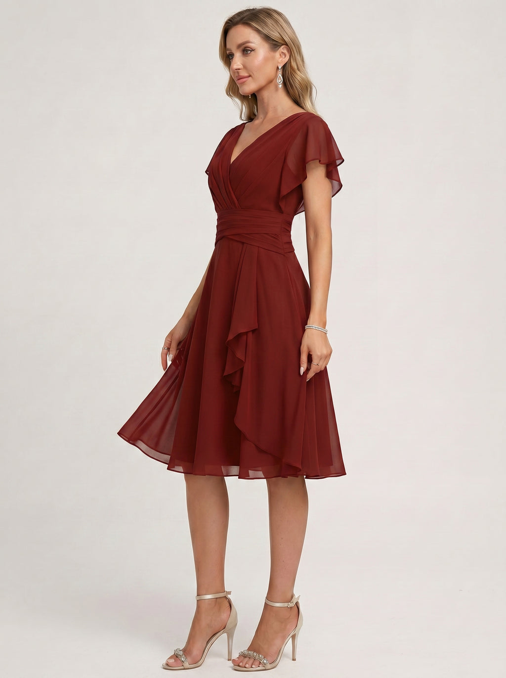 Coquette Burgundy Chiffon A-Line V-Neck Back Zip with nan Knee-Length Bridesmaid Dress