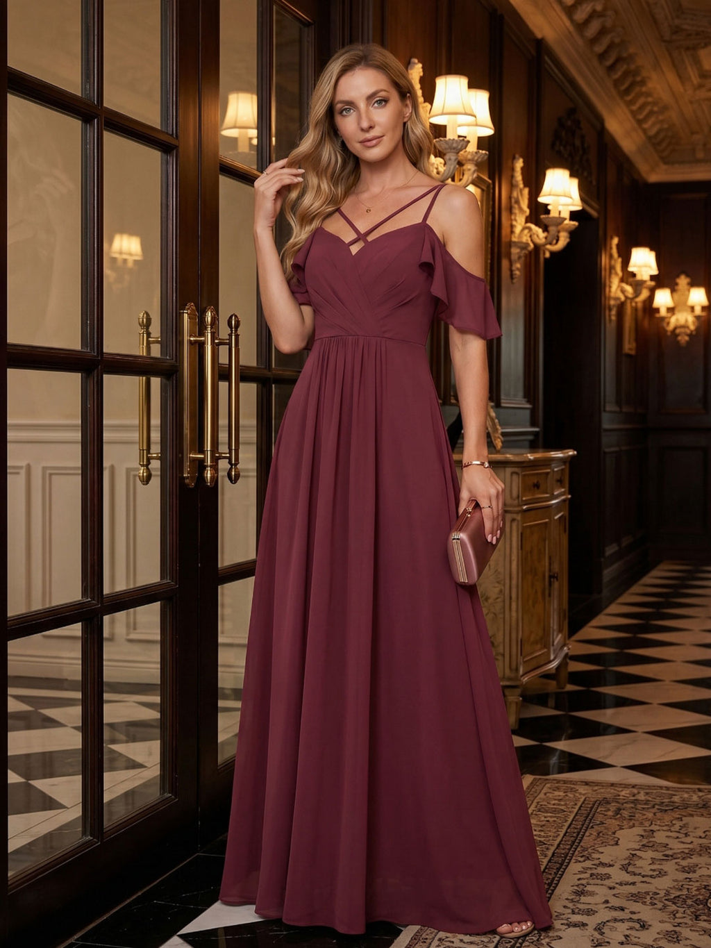 Coquette Cabernet Chiffon A-Line Sweetheart Back Zip Ankle-Length Bridesmaid Dress