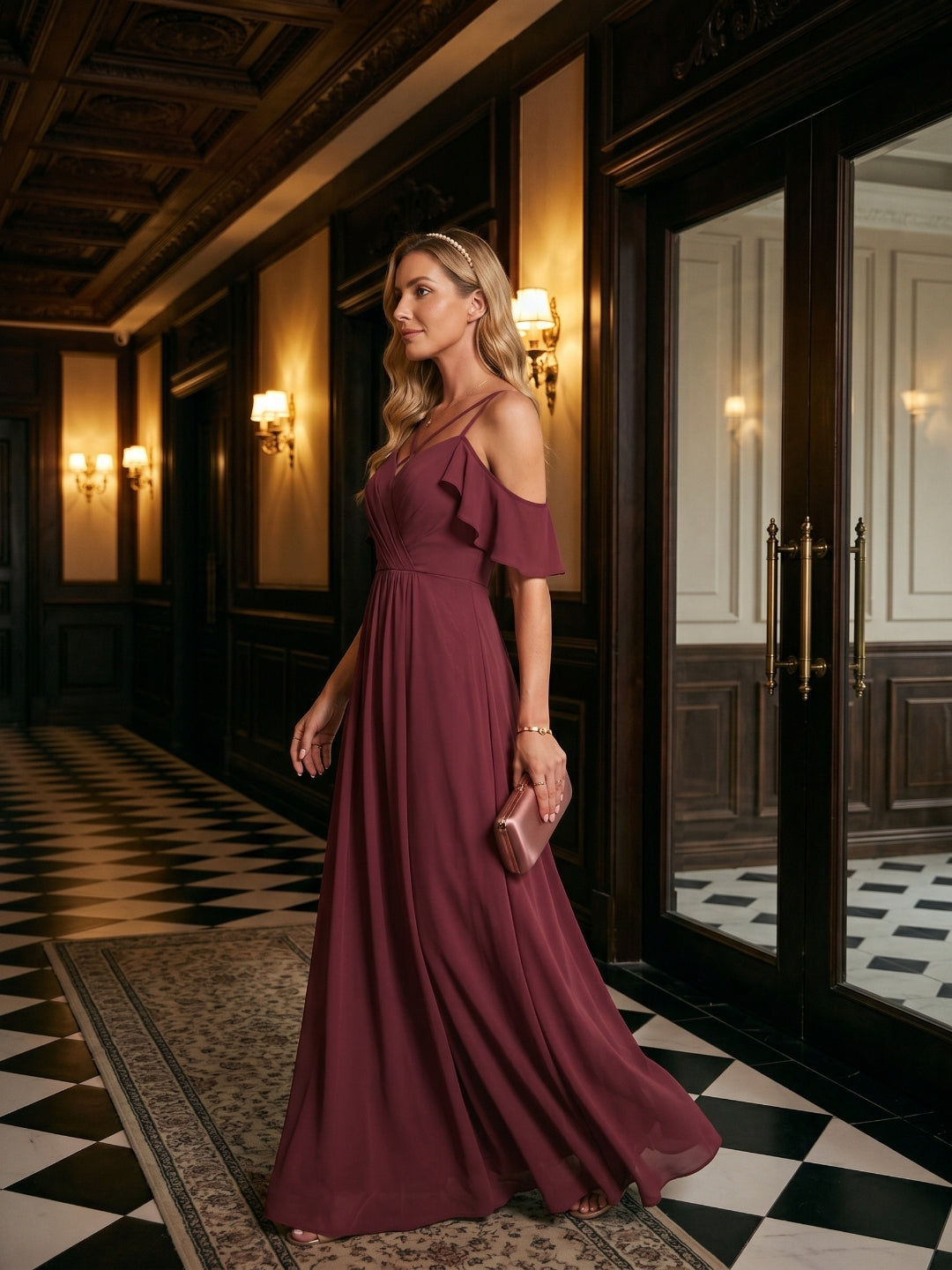 Coquette Cabernet Chiffon A-Line Sweetheart Back Zip Ankle-Length Bridesmaid Dress