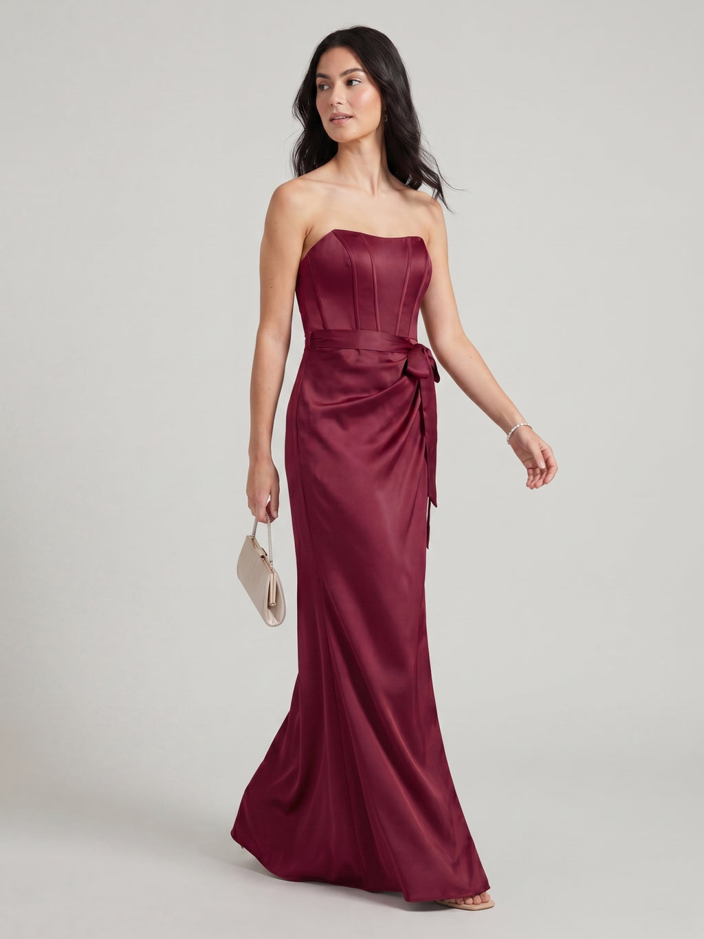 Coquette Cabernet Satin Mermaid Off-the-Shoulder Backless Ankle-Length Bridesmaid Dress