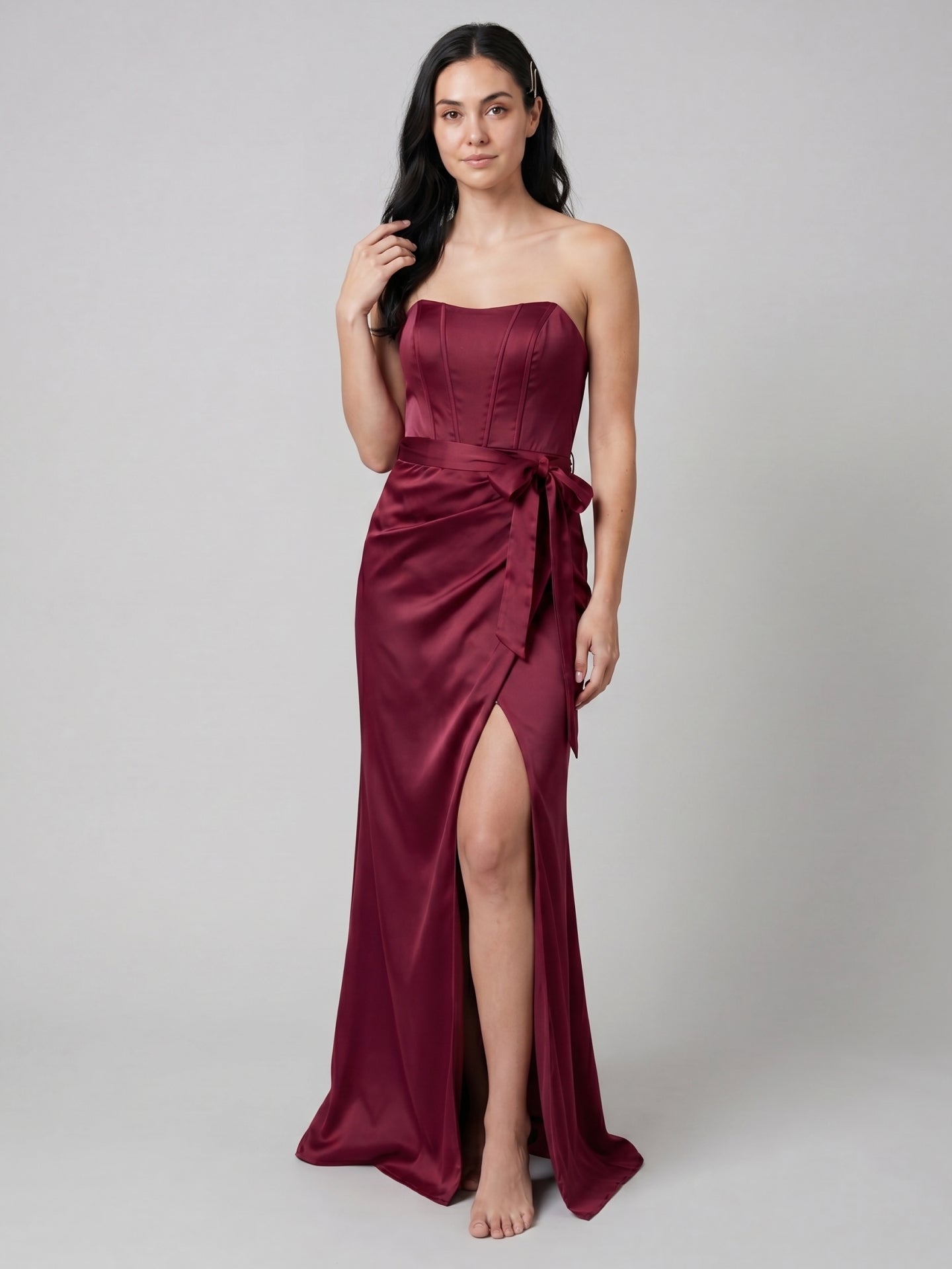 Coquette Cabernet Satin Mermaid Off-the-Shoulder Backless Ankle-Length Bridesmaid Dress