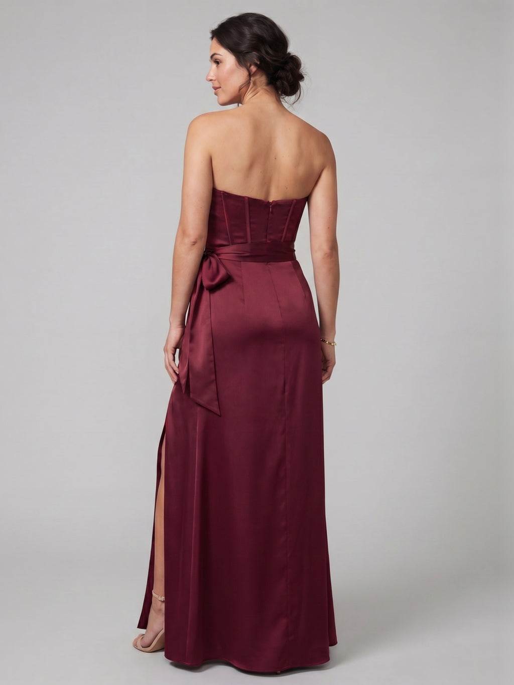 Coquette Cabernet Satin Mermaid Off-the-Shoulder Backless Ankle-Length Bridesmaid Dress
