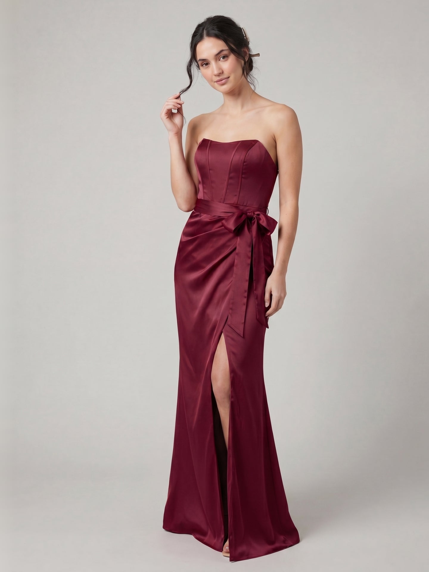 Coquette Cabernet Satin Mermaid Off-the-Shoulder Backless Ankle-Length Bridesmaid Dress