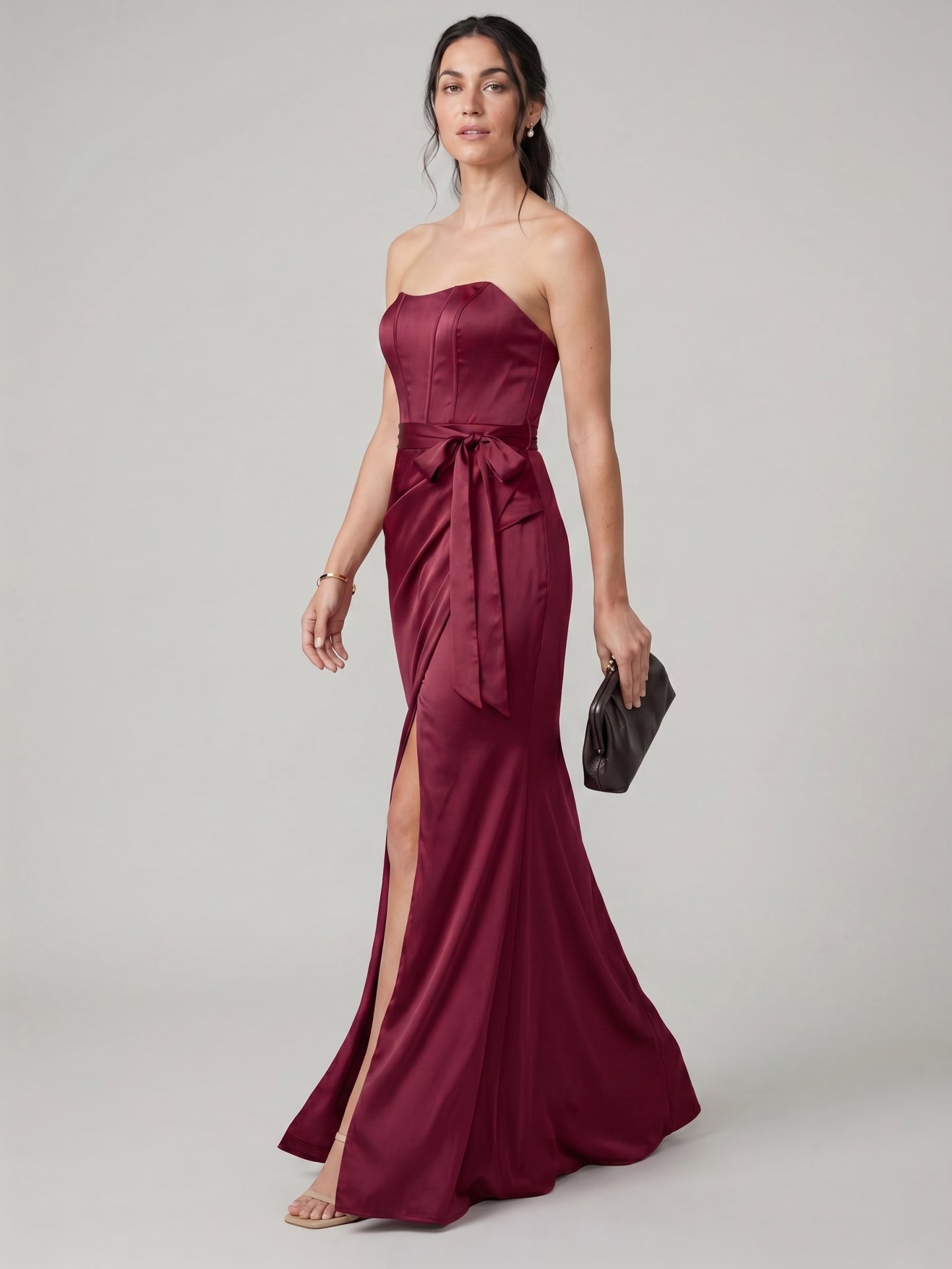 Coquette Cabernet Satin Mermaid Off-the-Shoulder Backless Ankle-Length Bridesmaid Dress