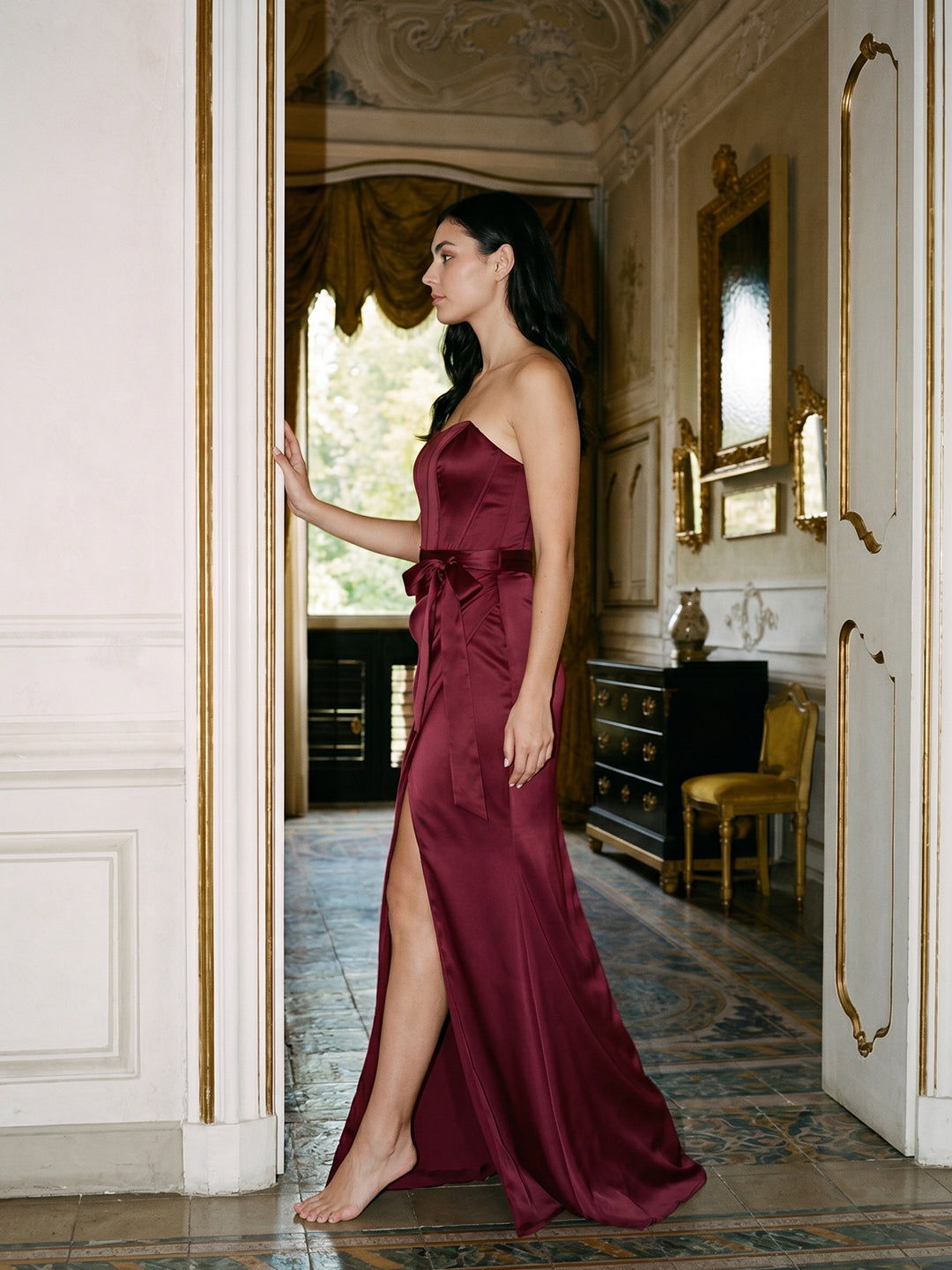 Coquette Cabernet Satin Mermaid Off-the-Shoulder Backless Ankle-Length Bridesmaid Dress